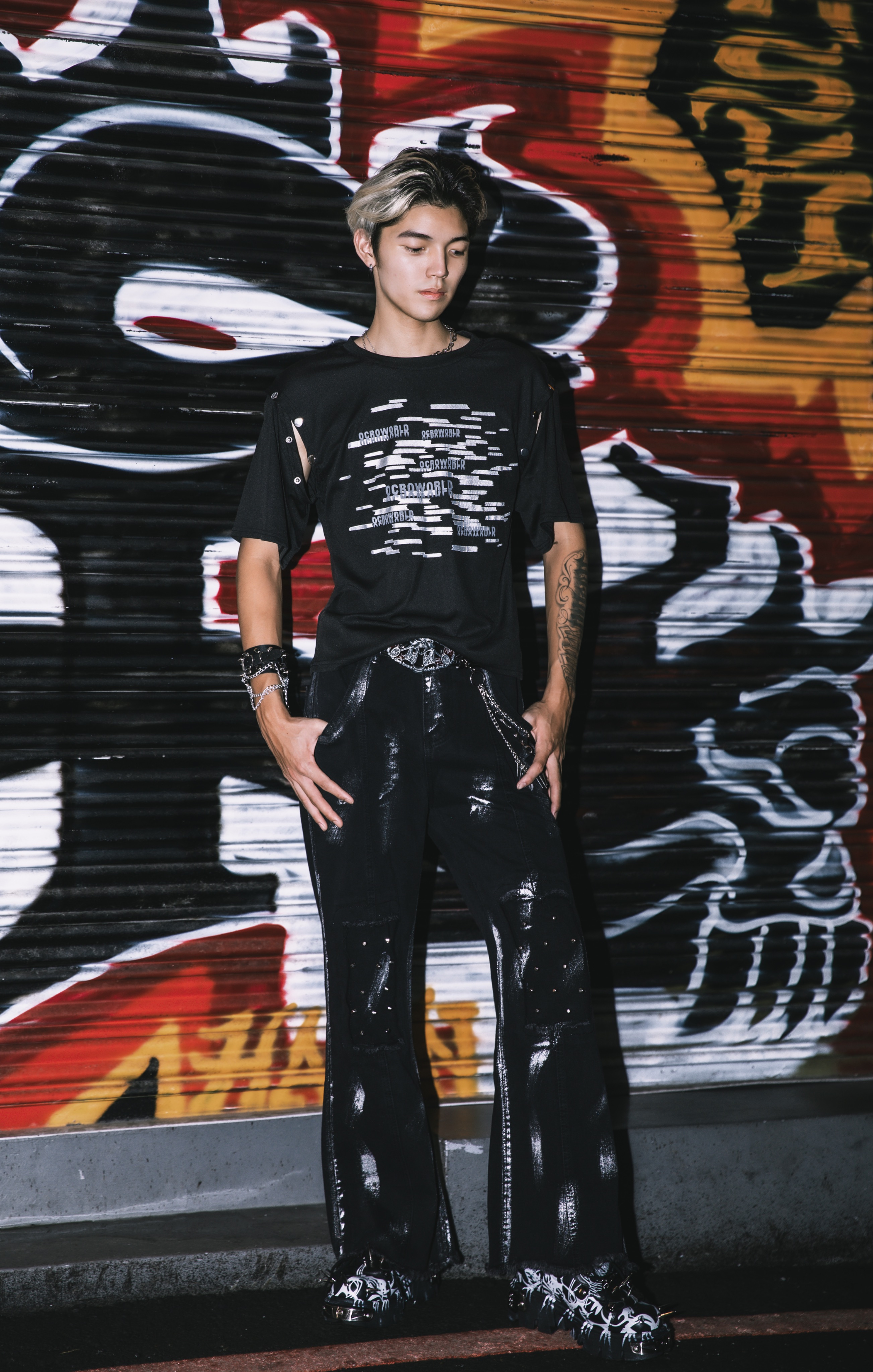 【Eternity】龐克金屬重磅 可拆式兩穿 假兩件 寬鬆無袖背心 幻影紋路字母印花短袖T卹 短版上衣