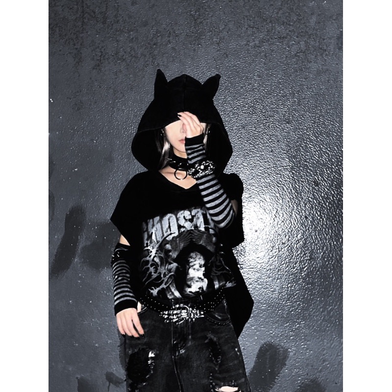 【Eternity】亞文化龐克風格美式復古做舊水洗連帽落肩背心 潮牌嘻哈耳朵 印花寬鬆無袖T卹 上衣 情侶衣