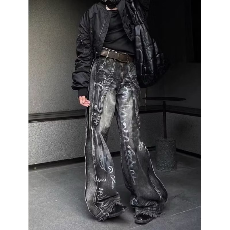 【Eternity 】美式高街復古紮染塗鴉噴漆闊腿牛仔褲直筒褲造型設計感小眾高腰寬鬆直筒長褲