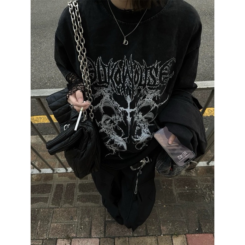 【Eternity】龐克暗黑美式复古水洗黑色印花t恤 十字架火焰短袖 街頭嘻哈五分袖上衣