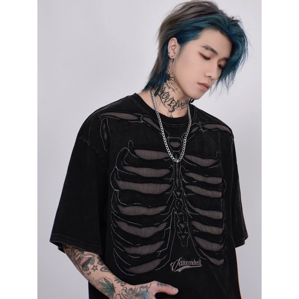 【Eternity】美式黑暗街頭風 嘻哈做舊水洗小眾設計感 骷髏頭 骨頭 魚骨短袖T卹 潮牌上衣