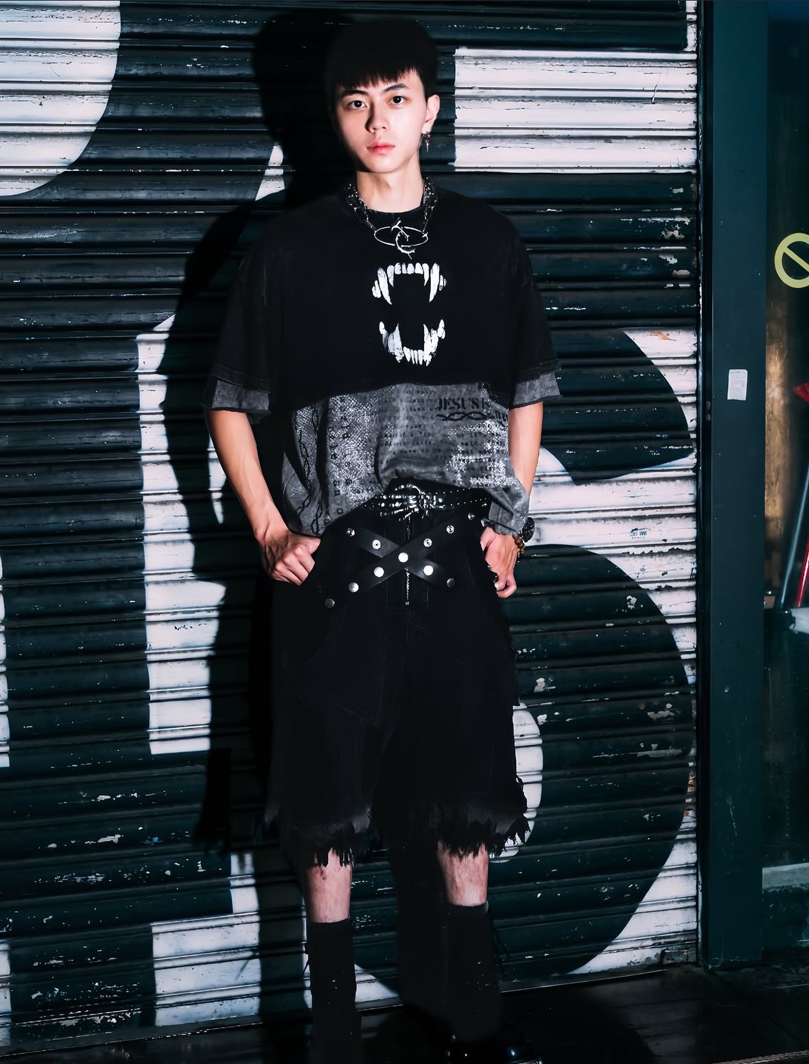 【Eternity】龐克亞文化 亞係設計感美式假兩件雙層拼接 水洗暗黑做舊字母印花短袖T卹 落肩寬鬆上衣