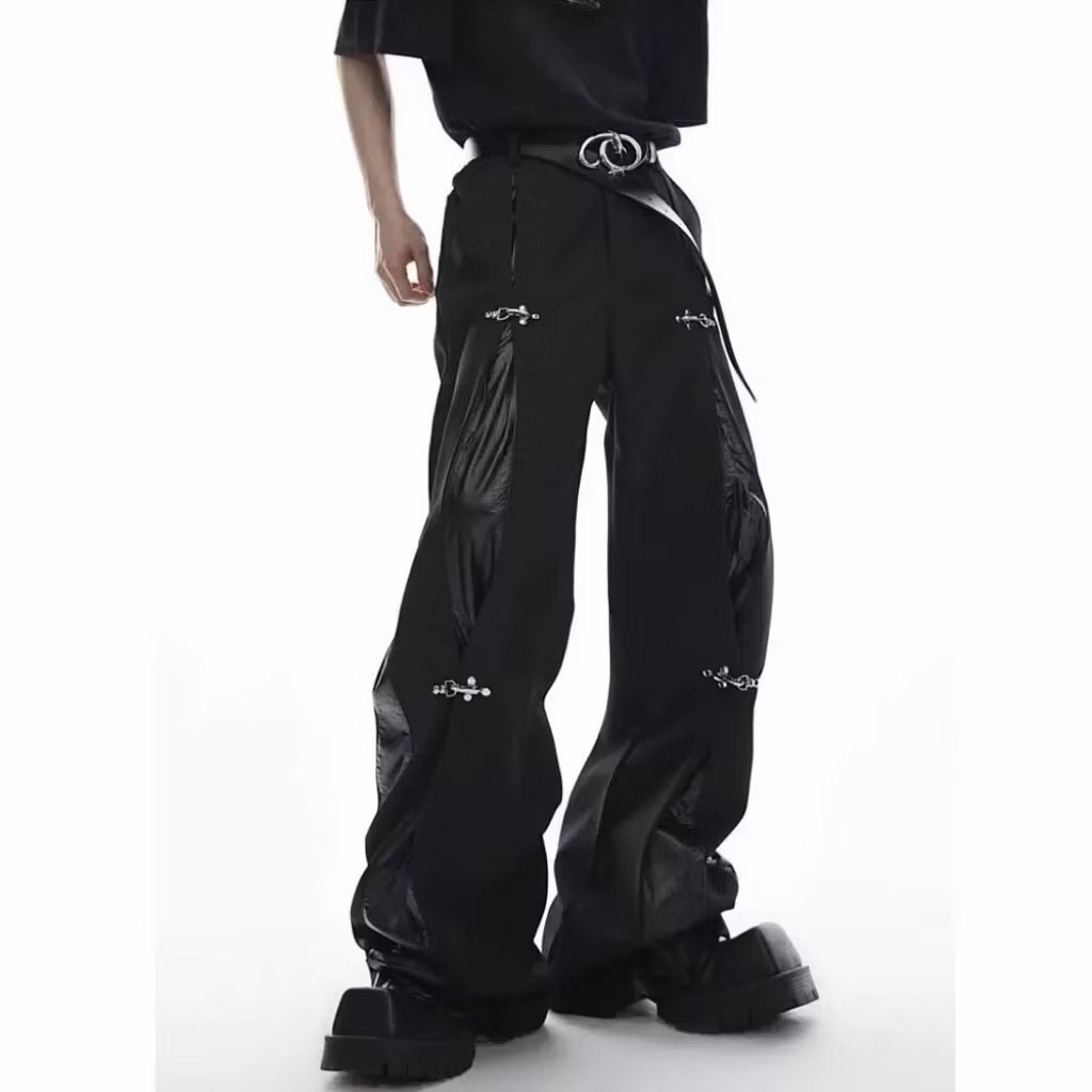 【Eternity】龐克風格暗黑街頭美式 金屬拼接褲子 設計感小眾美式痞帥炸街西褲微喇叭闊腿直筒褲 休閒皮褲