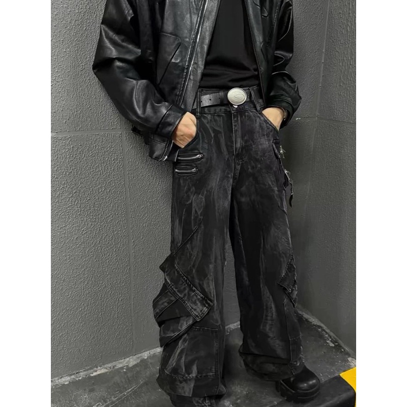 美式復古重工綁帶 多拉鏈多口袋牛仔褲 龐克亞比風 廢土風 落地褲 修身小眾設計感寬褲