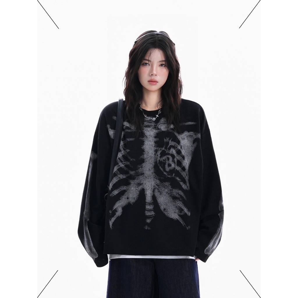 【Eternity】朋克哥德風骷髏骨頭印花幻影長袖T卹 街頭嘻哈潮牌做寬鬆圓領上衣 大學T