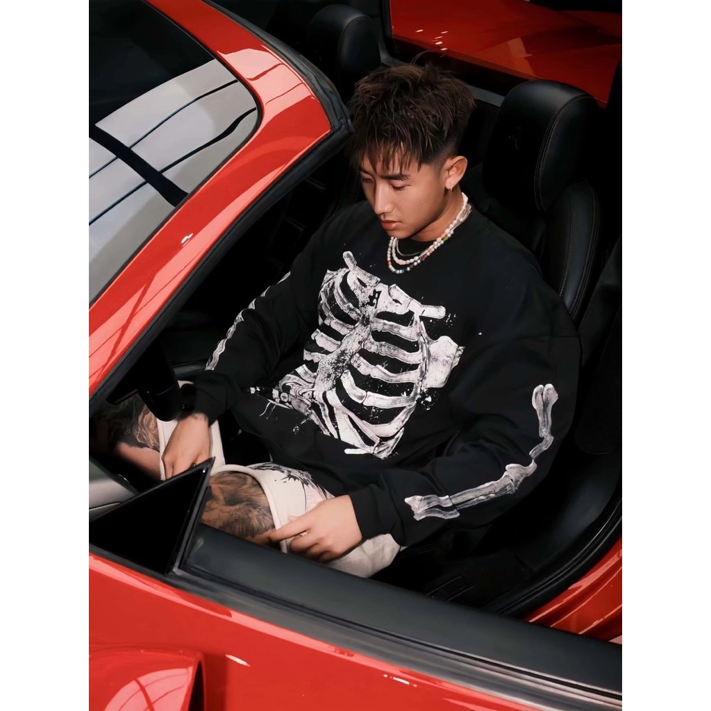 【Eternity】美式復古街頭骷髏噴漆機芯印花長袖T卹 街頭嘻哈秋冬圓領打底上衣 大學T 棉踢卹