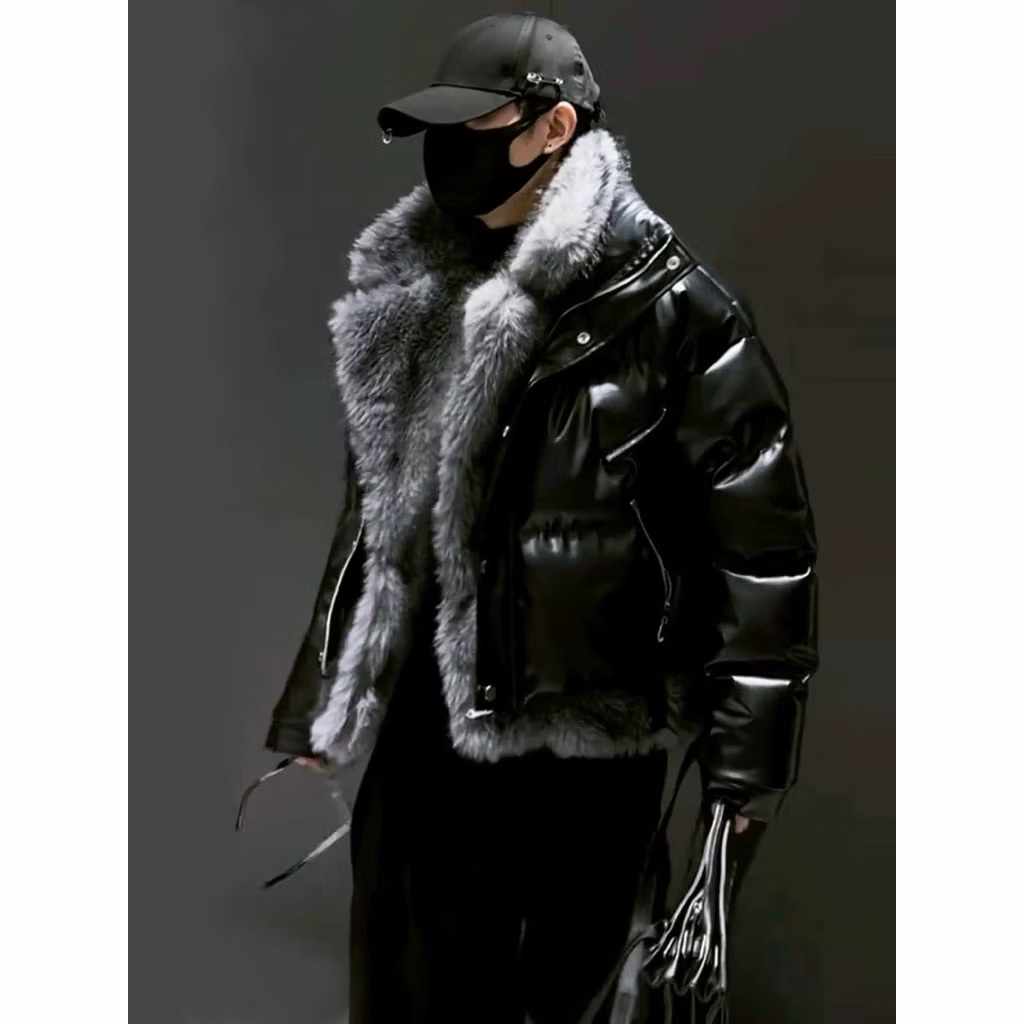 【Eternity】龐克暗黑 高級感豹紋絨毛刷毛拼接假兩件羽絨外套 加厚加絨保暖麵包外套 小眾亮皮設計感外套