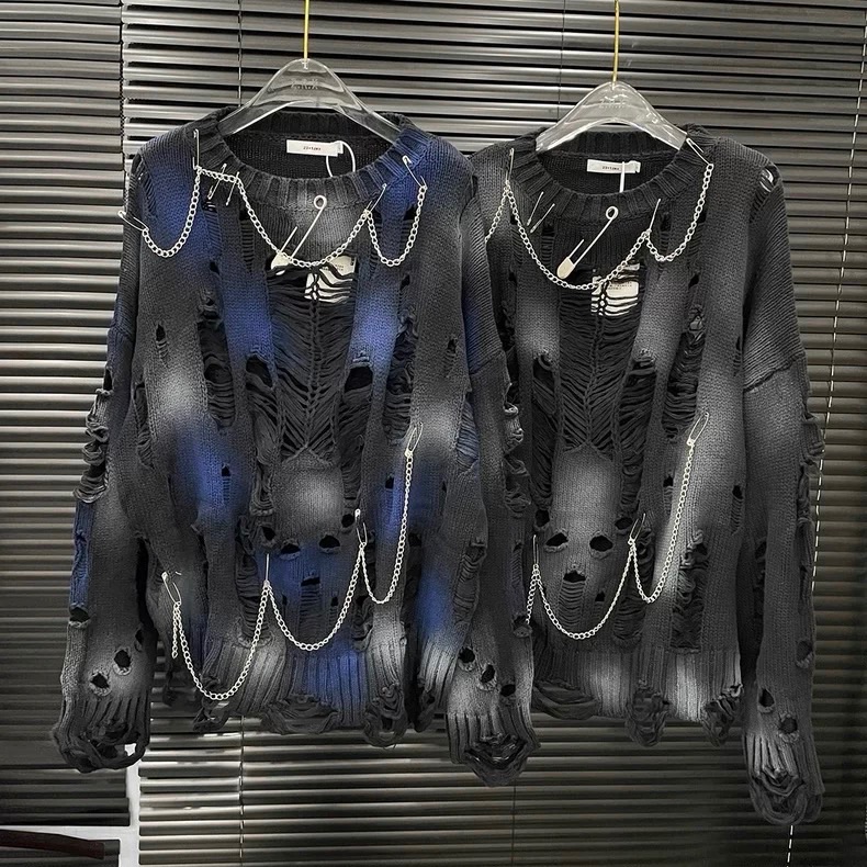 【Eternity】美式龐克復古小眾擦色紮染刷破鏈條破洞毛衣 韓系慵懶風破壞風別針裝飾圓領針織毛衣 大學T