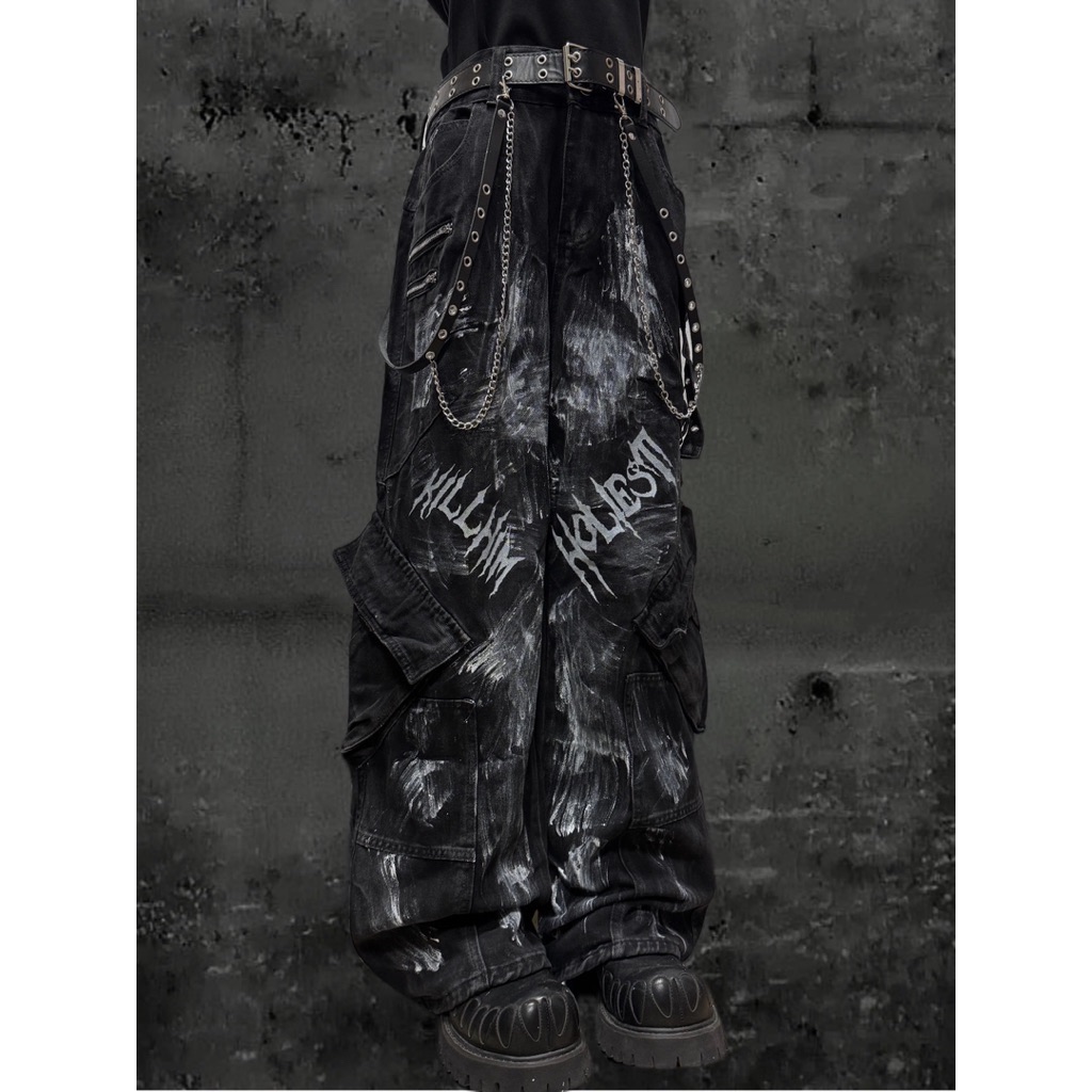 【Eternity】龐克暗黑風 次文化廢土風水洗皺褶微喇牛仔褲 多口袋英文印花噴漆紮染嘻哈復古做舊寬鬆闊腿長褲