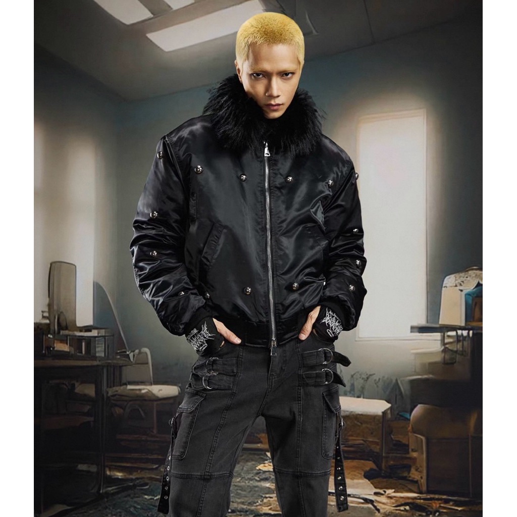 【Eternity】龐克暗黑小眾y2k次文化可拆毛領 羽絨毛邊短棉衣外套 棒球外套外套