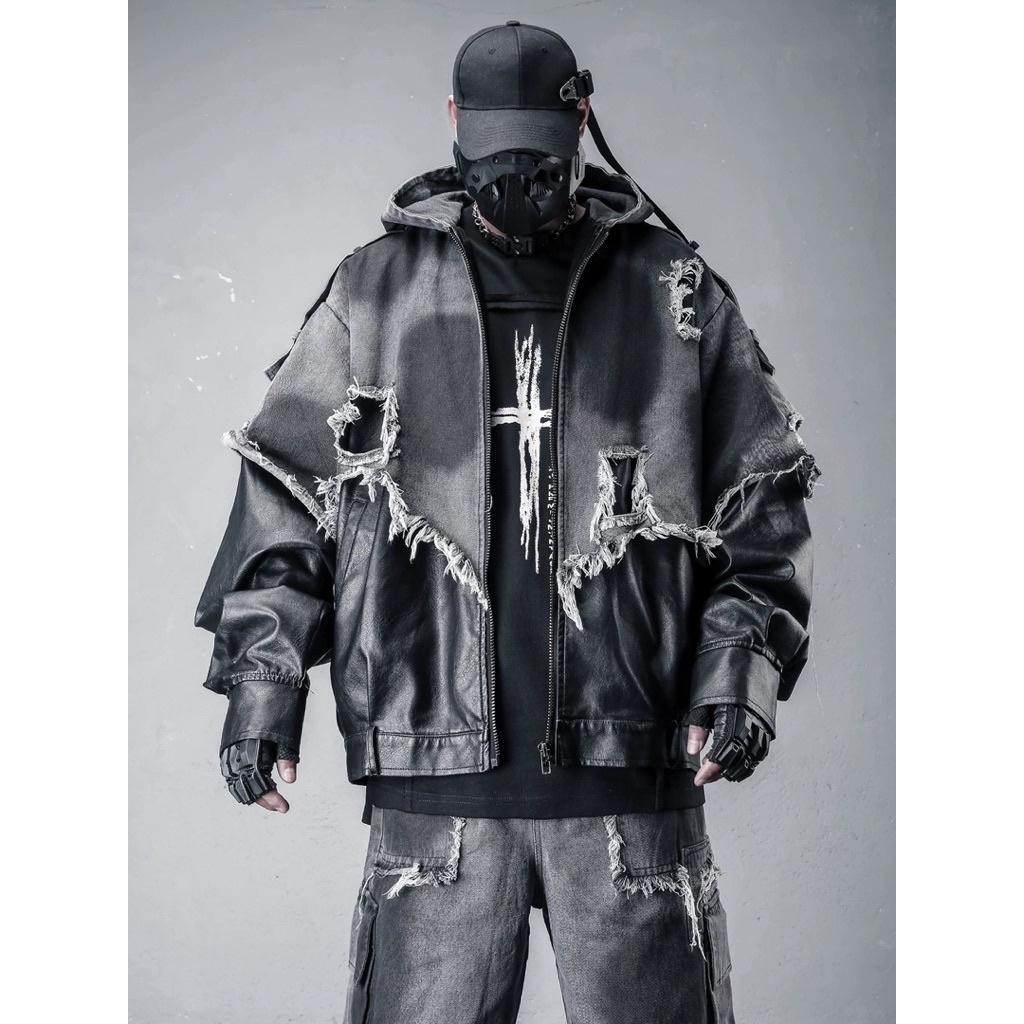 【Eternity】廢土風做舊毛邊拼接皮革PU牛仔夾克重工機能不規則設計感街頭龐克嘻哈連帽外套