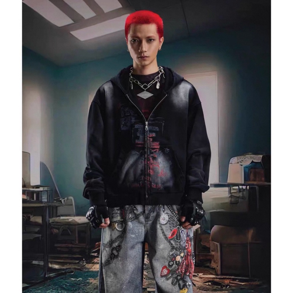 【Eternity】美式龐克風水洗做舊紮染印花噴漆雙面 塗鴉不規則設計感拉鍊開襟衫連帽棉外套 情侶衣