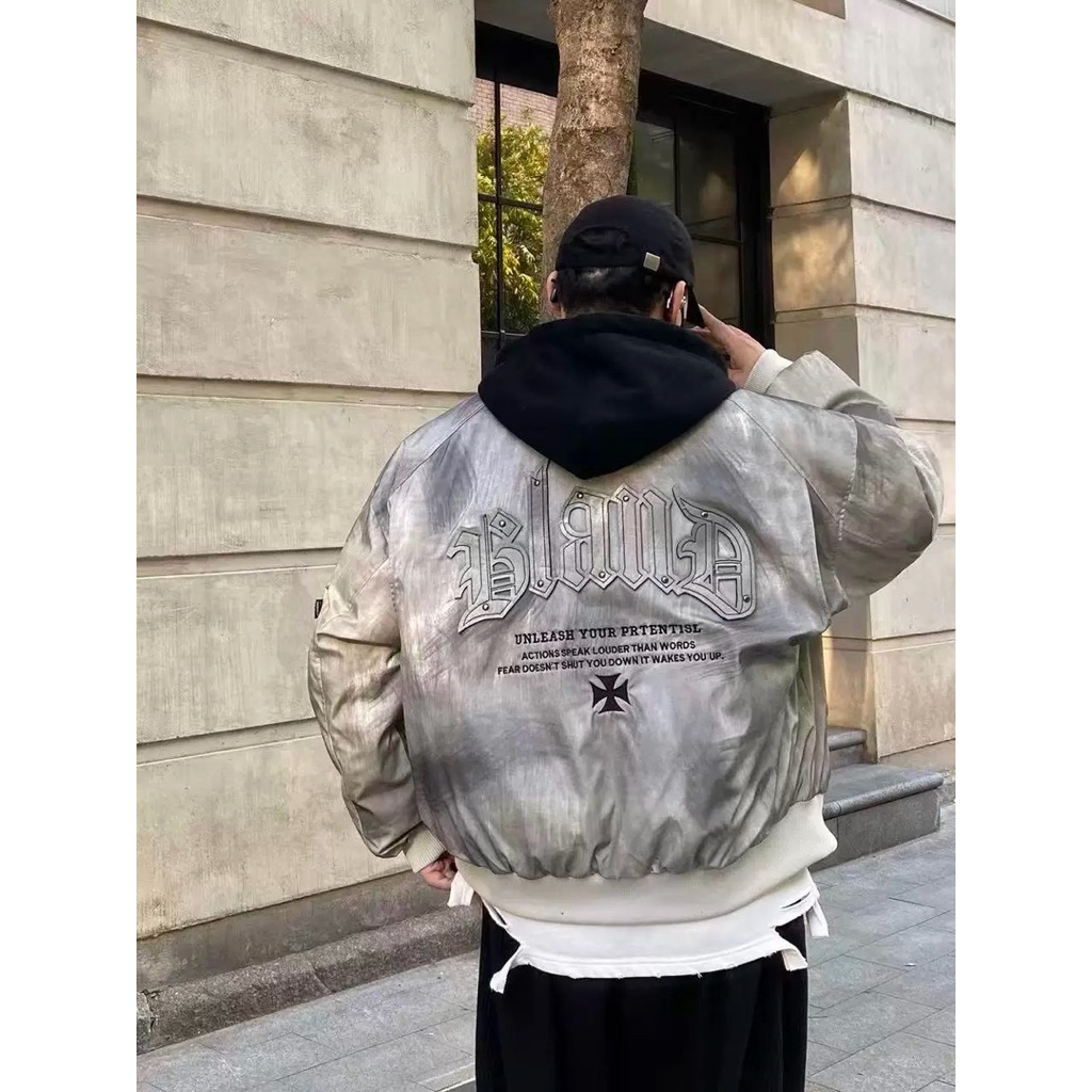 【Eternity】龐克嘻哈街頭重磅刺繡設計塗鴉噴漆棒球外套 韓版寬鬆連帽夾克外套水洗做舊假兩件