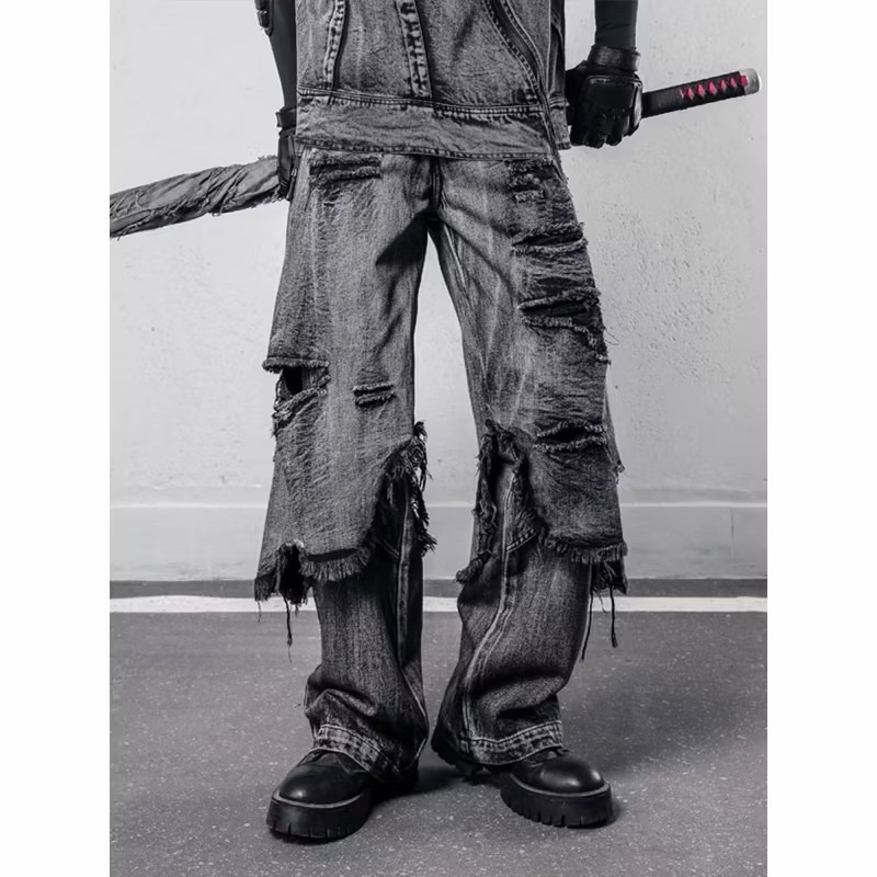 價格：1099美式重工復古街頭水洗做舊刷破嘻哈毛邊牛仔褲小眾設計感闊腿褲直筒褲寬褲