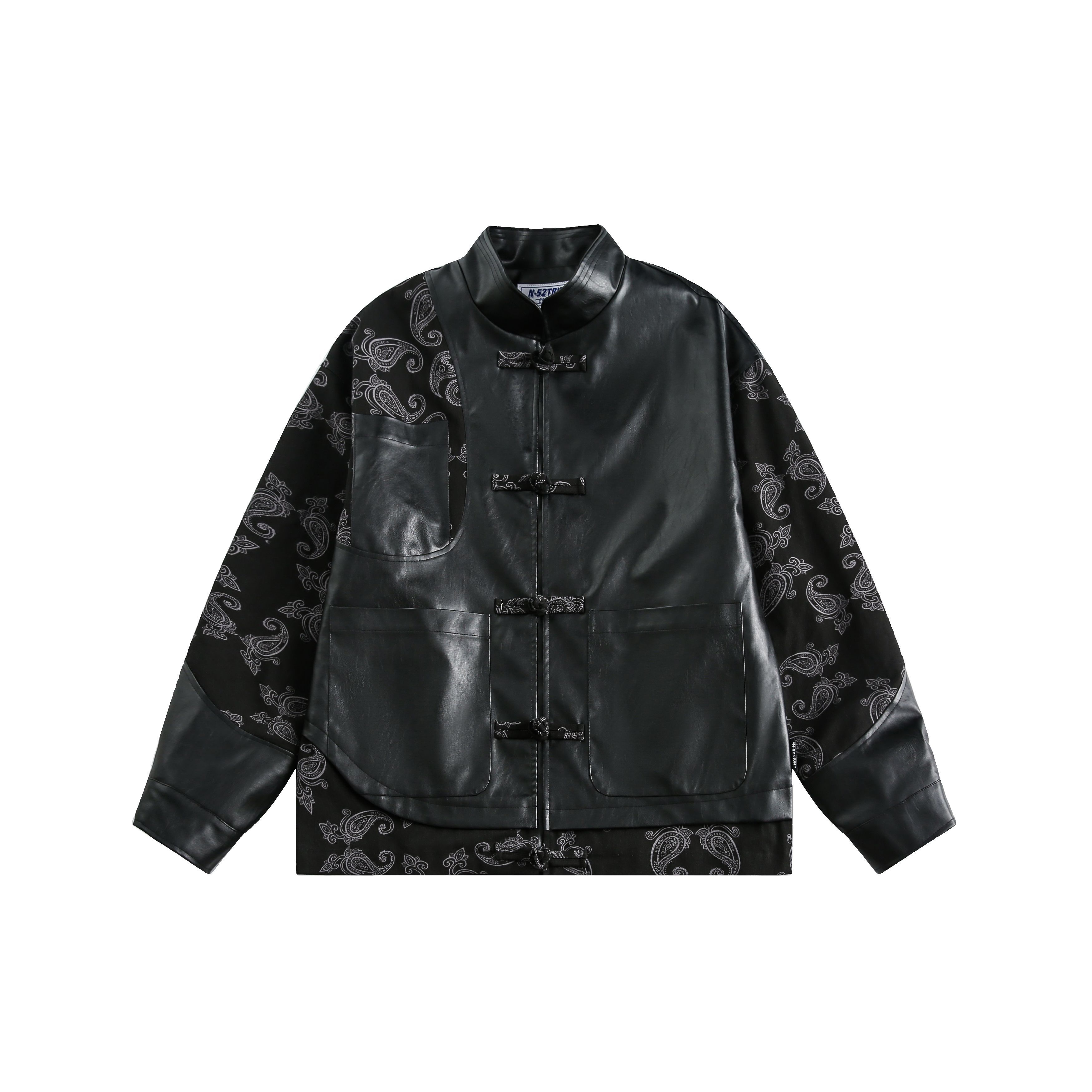 新中式潮牌中國風皮衣夾克男女vintage盤扣祥雲拼接外套/w153