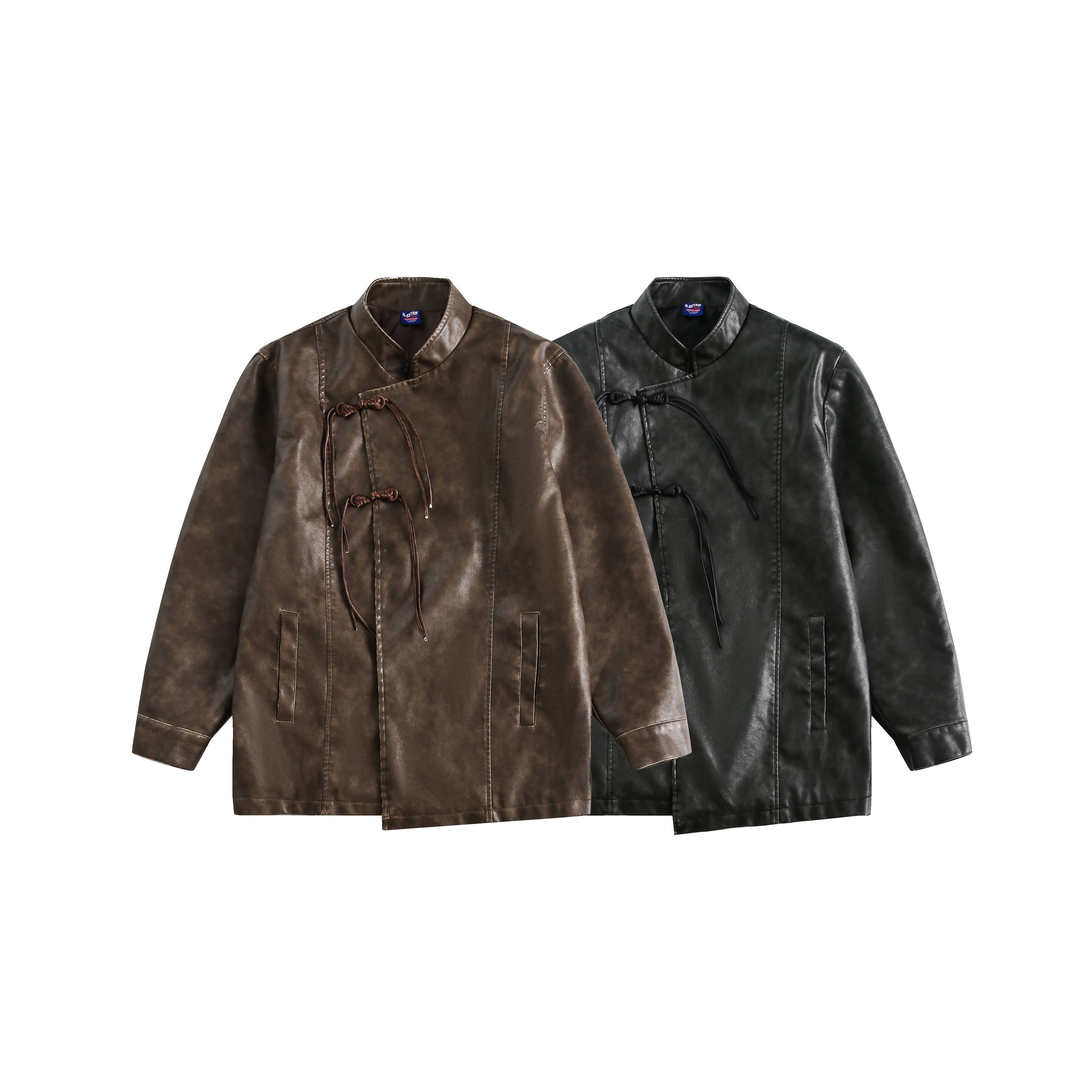 新中式國潮復古斜襟立領皮衣情侶夾克外套/w151