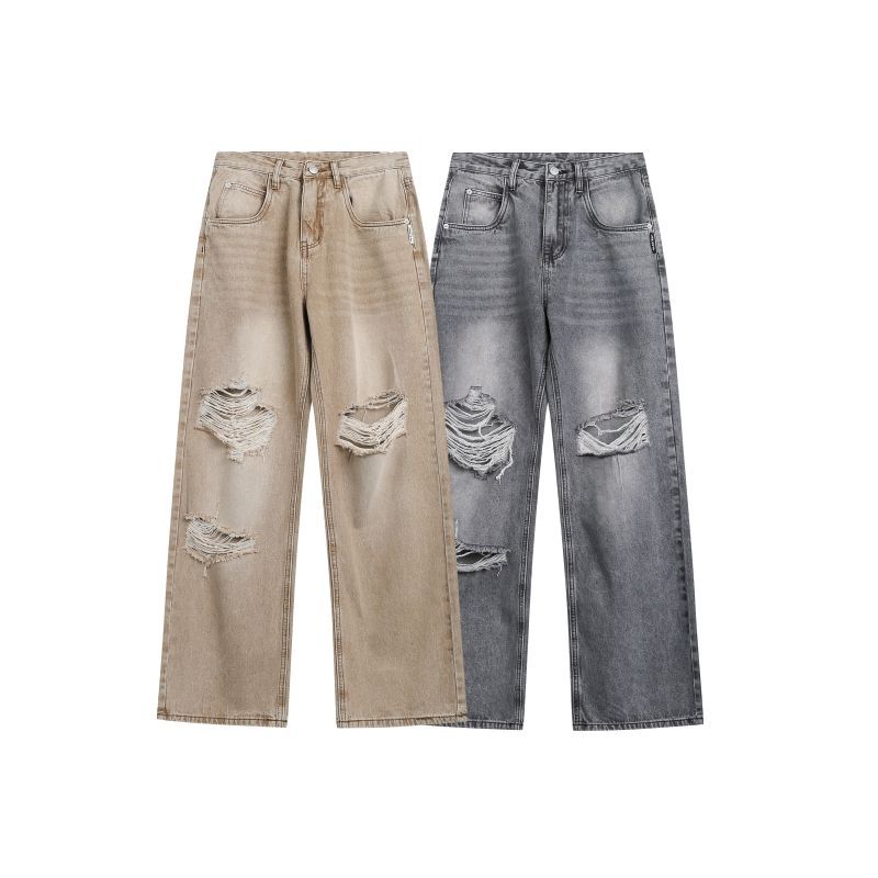 美式潮牌高街破洞牛仔直筒褲男女新款復古oversize闊腿褲/k87