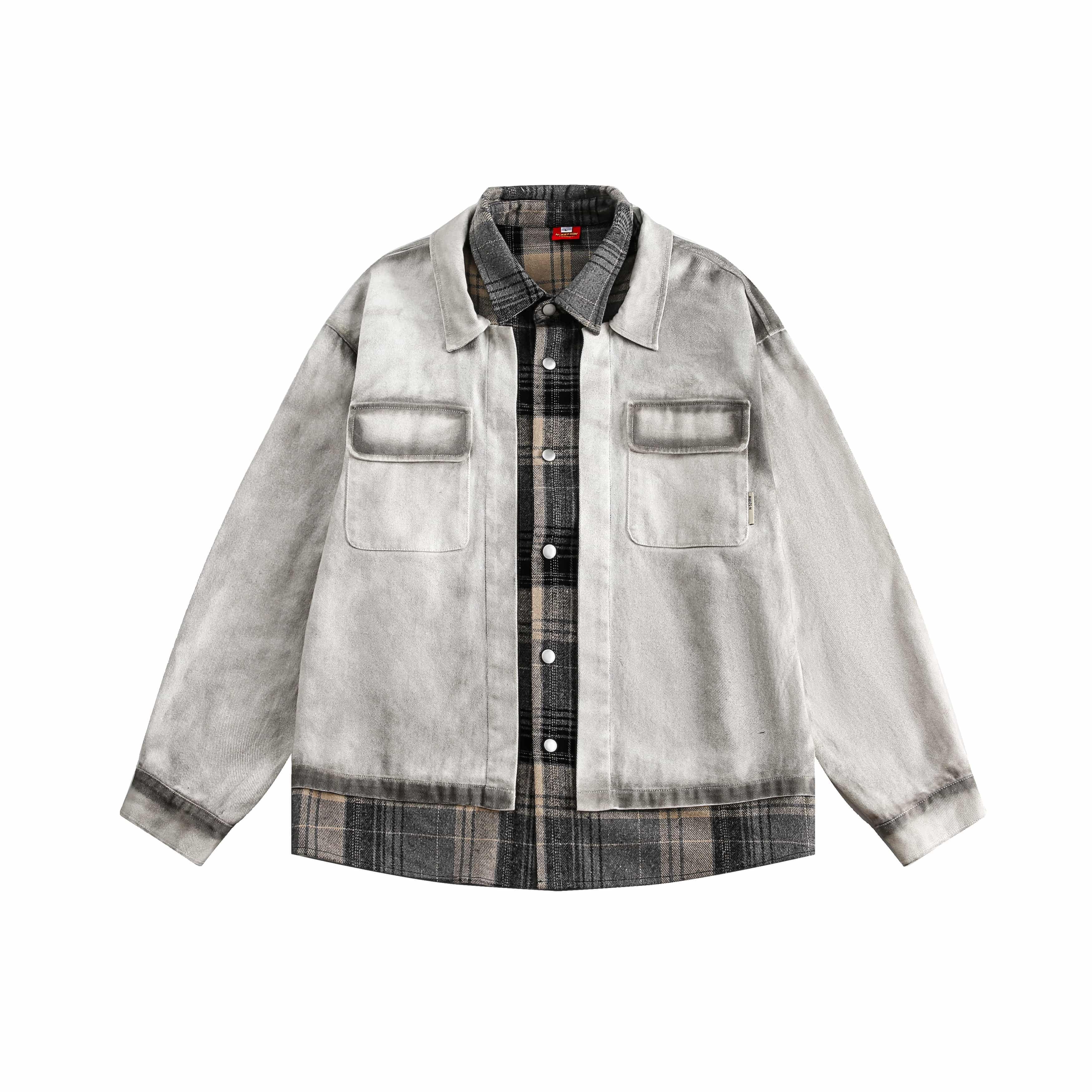 復古學院風拼接格子夾克男女日系休閒假兩件襯衫外套/W179