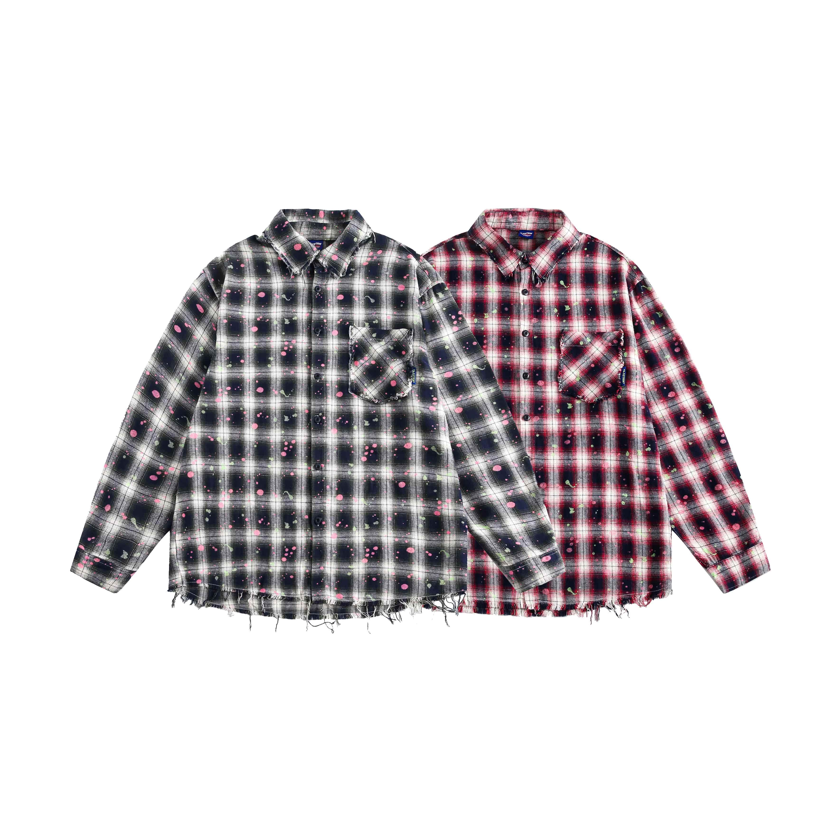 美式復古格子塗鴉設計感長袖襯衫男女oversize情侶外套/CS147