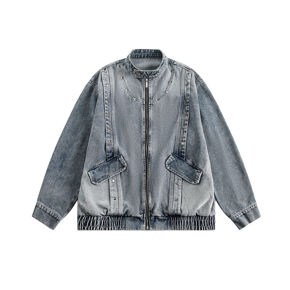 美式潮牌水洗柳釘磨白寬松牛仔夾克/W437