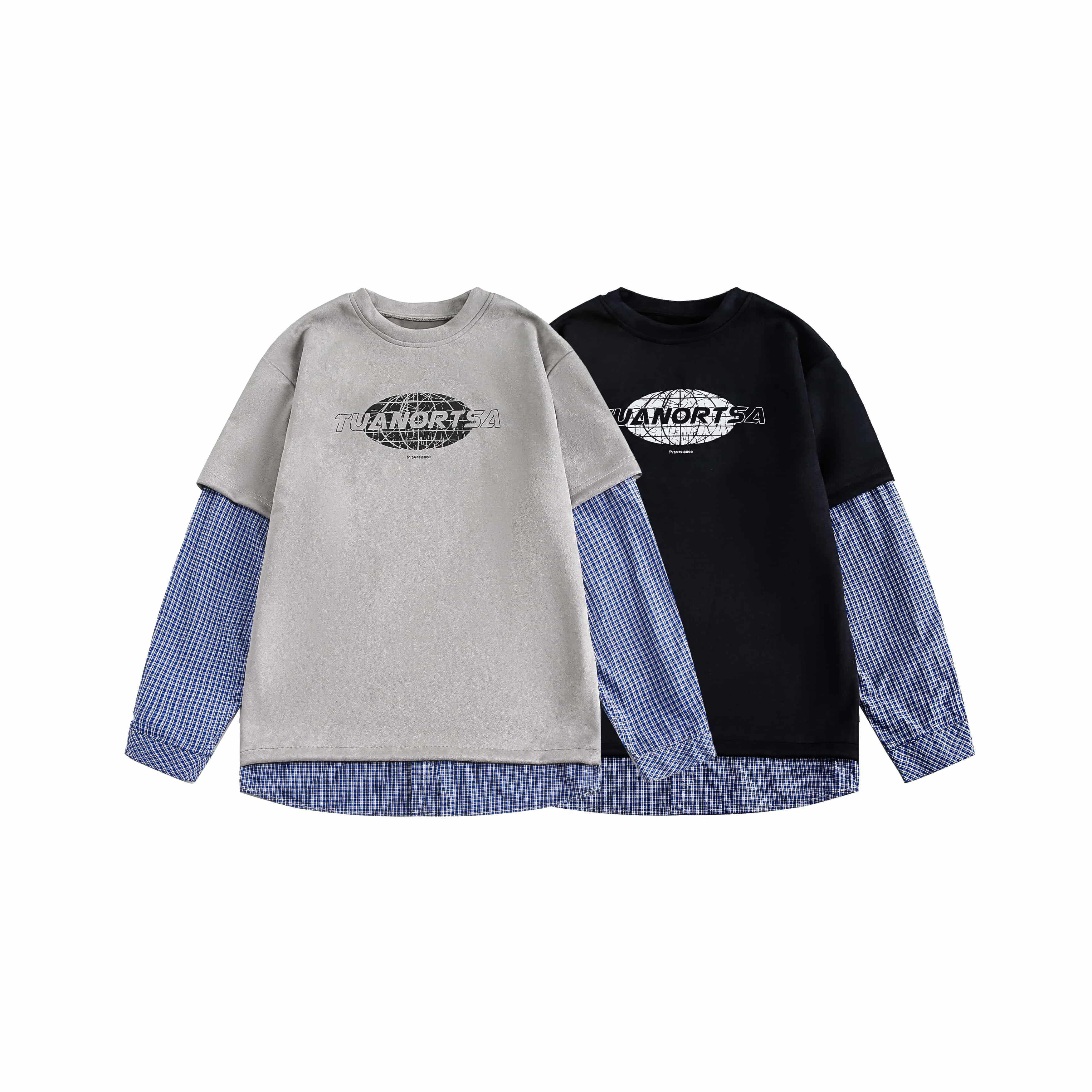 假兩件美式街頭嘻哈套頭衛衣男女格子拼接長袖T恤/WY72