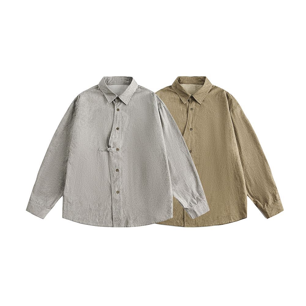 新中式國風盤扣翻領襯衫外套男秋季寬松百搭休閒簡約長袖襯衣/CS123