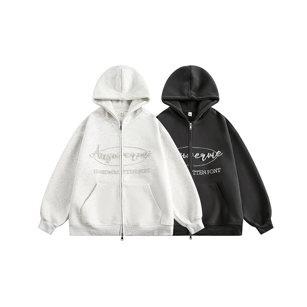 珍珠設計感開衫衛衣男復古寬松情侶百搭連帽外套/w447