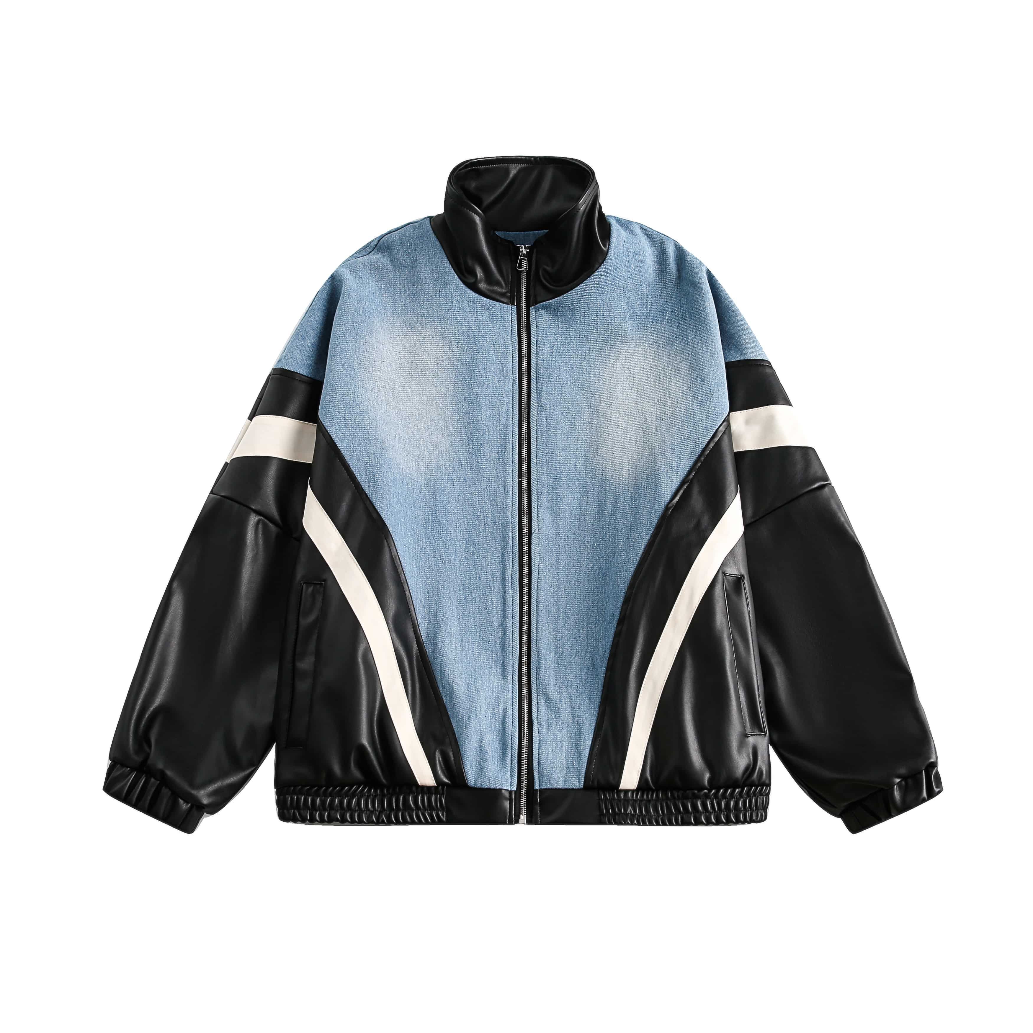 美式復古立領牛仔皮衣外套男女拼接機能風街頭棒球服夾克/w173