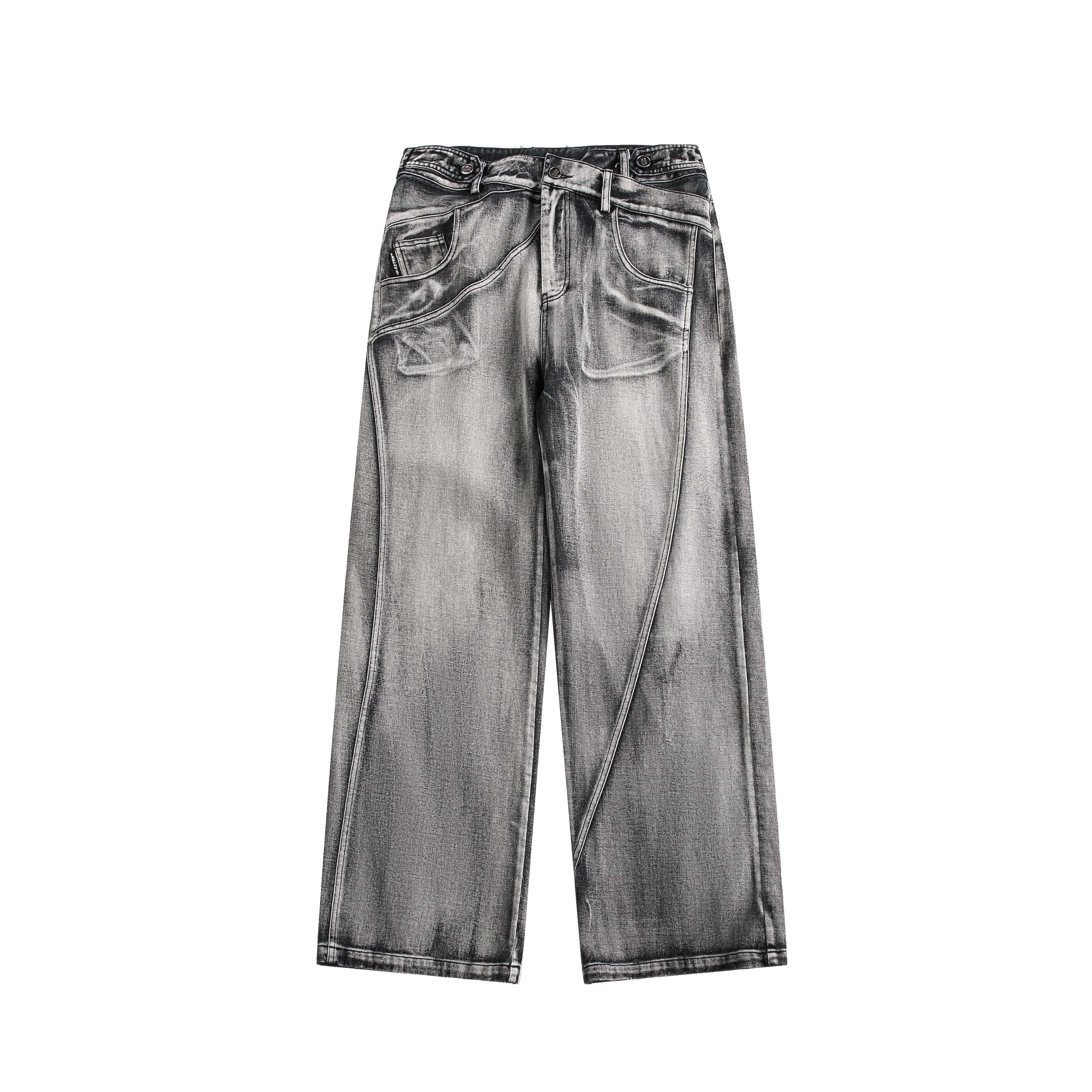 水洗灰刺繡休閒褲男女寬松直筒牛仔長褲子/k107