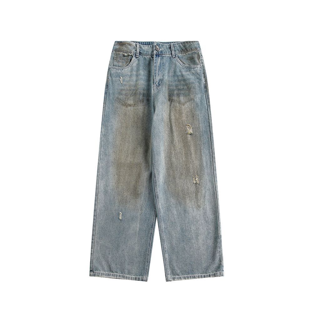 美式復古做舊水洗牛仔長褲子男廢土風泥染寬松男褲破洞闊腿休閒褲/k371