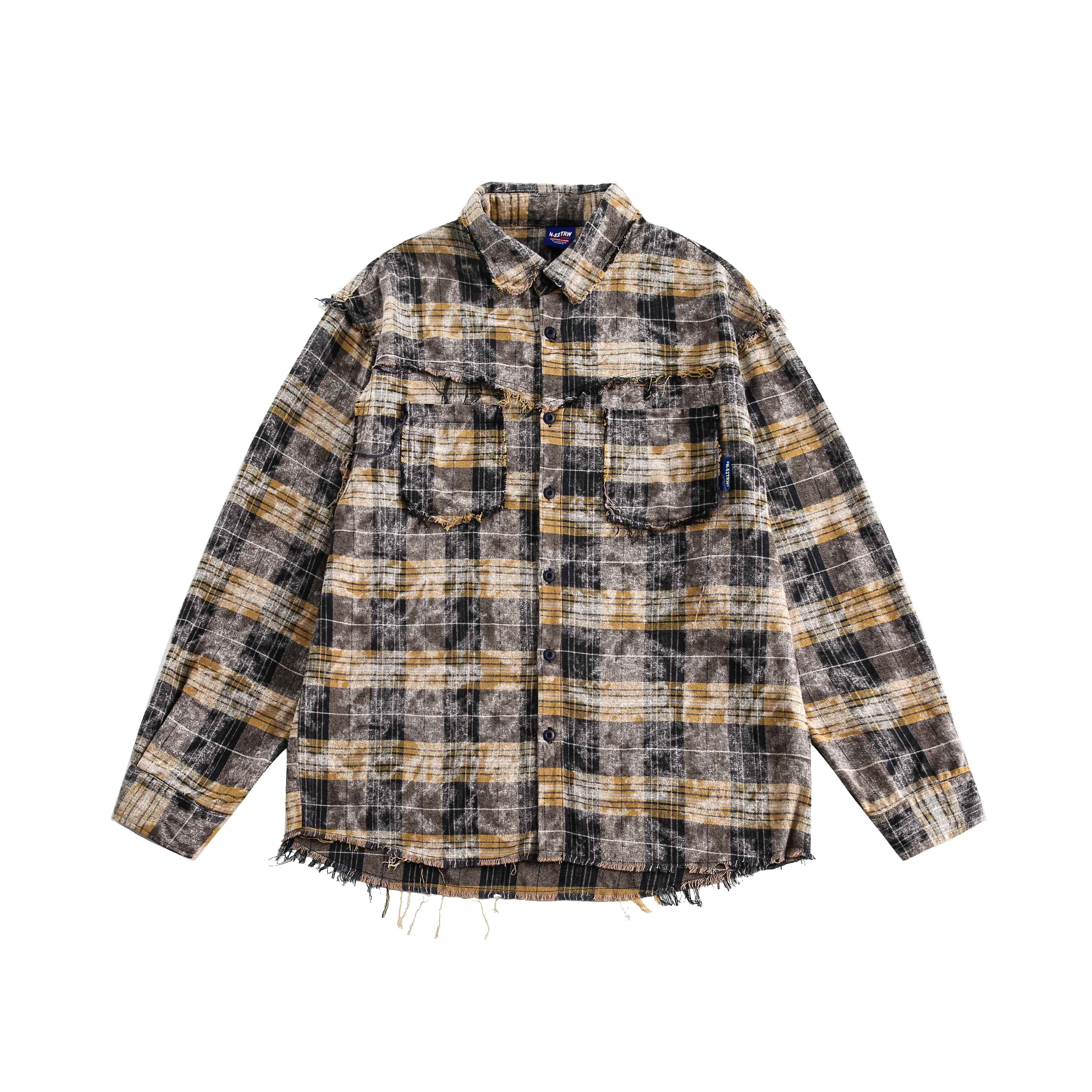 破壞格紋美式街頭長袖襯衫男女磨破下擺拼接休閑情侶外套/CS143