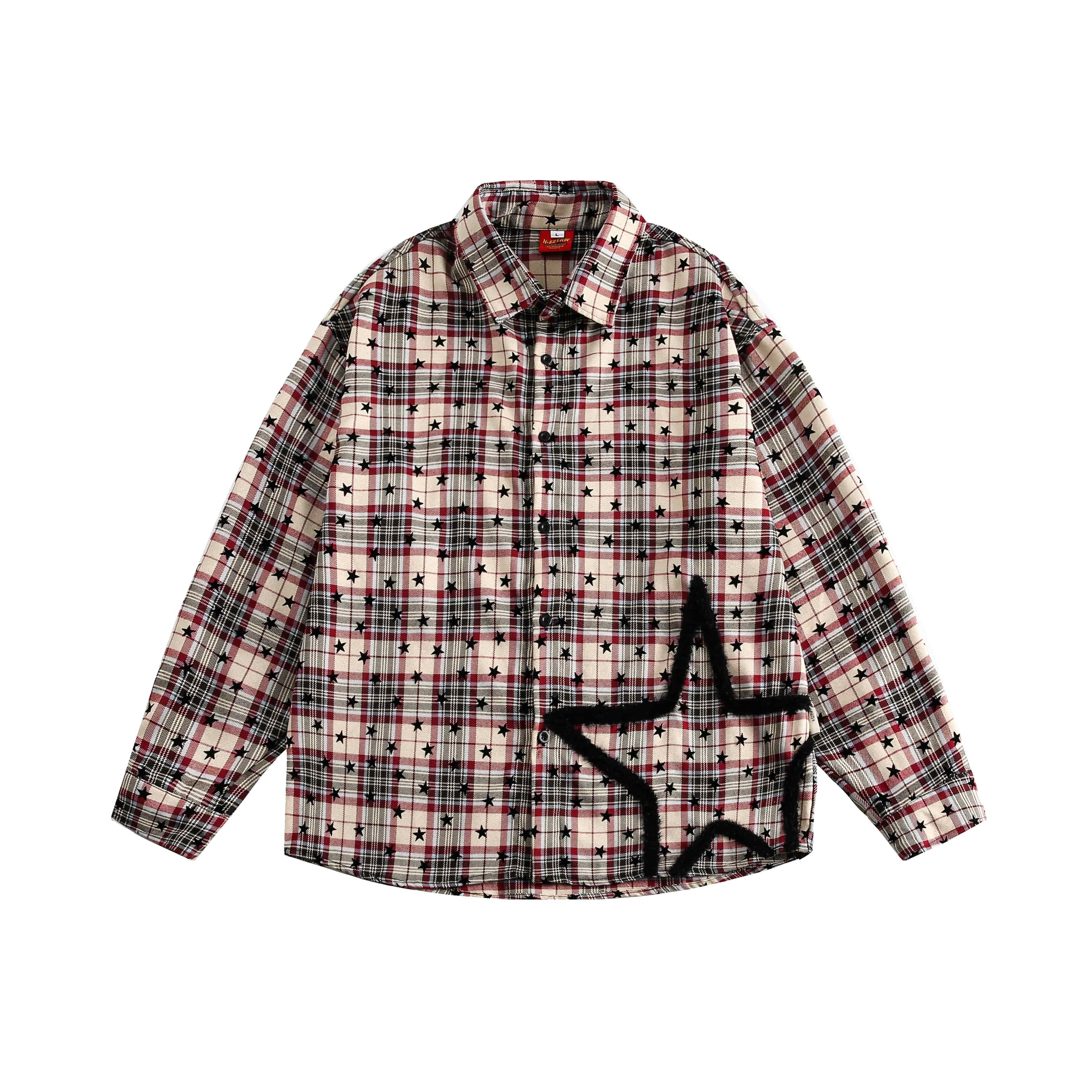 美式復古星星拼接格子長袖襯衫男女學院風vintage外套/CS145