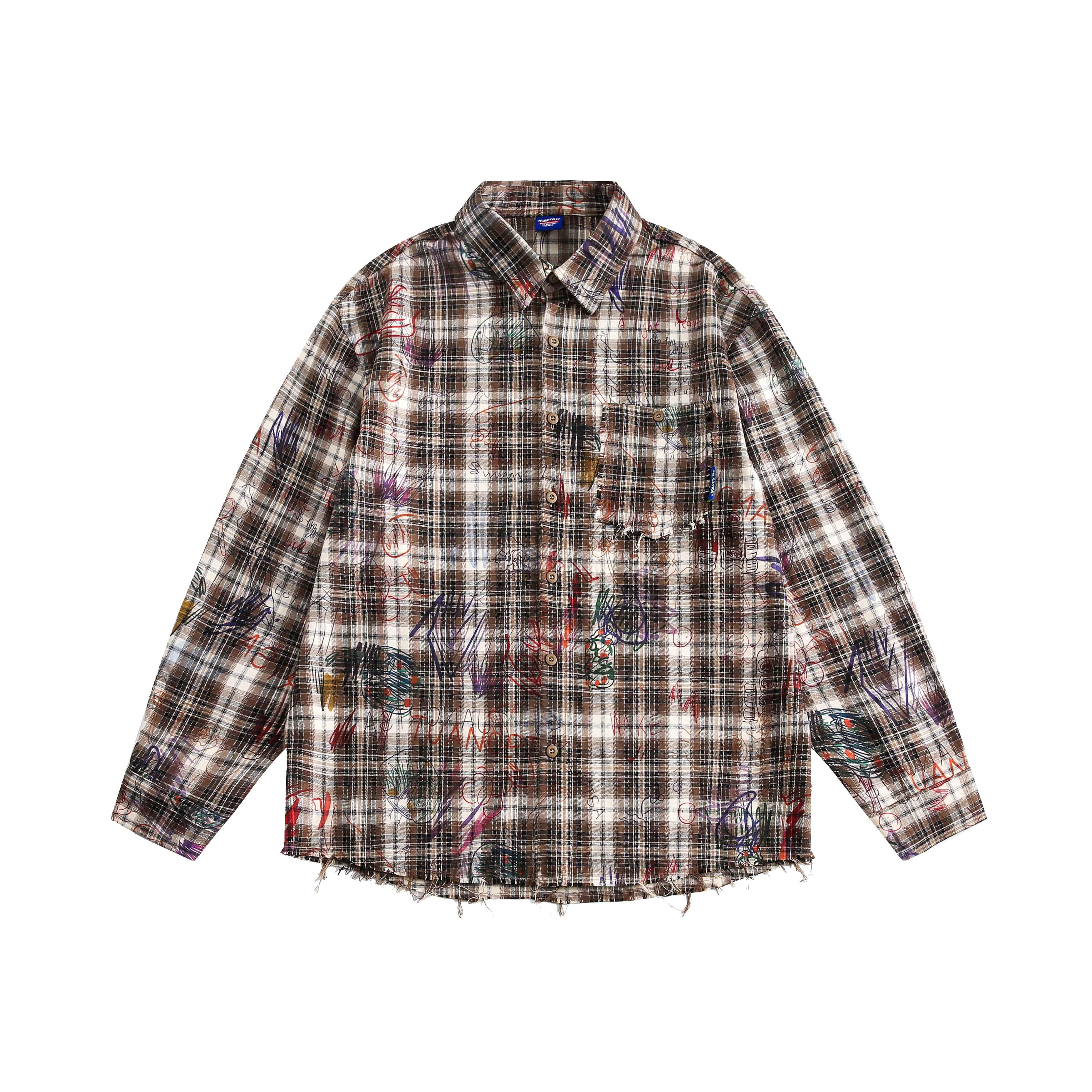 美式街頭塗鴉趣味格子長袖襯衫男女vintage情侶百搭外套/CS148