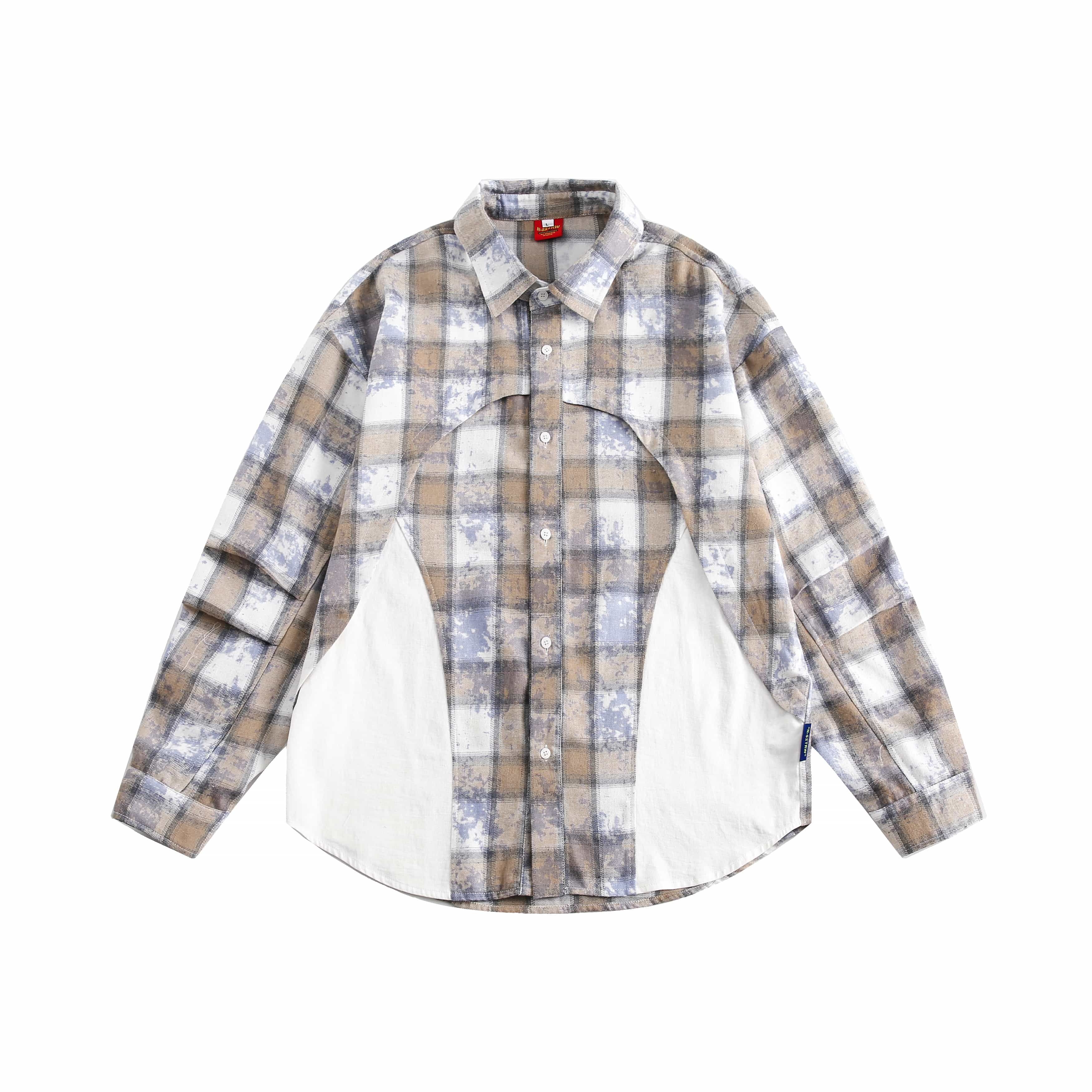 美式復古格子拼接不規則長袖襯衫男女oversize情侶款外套/CS150