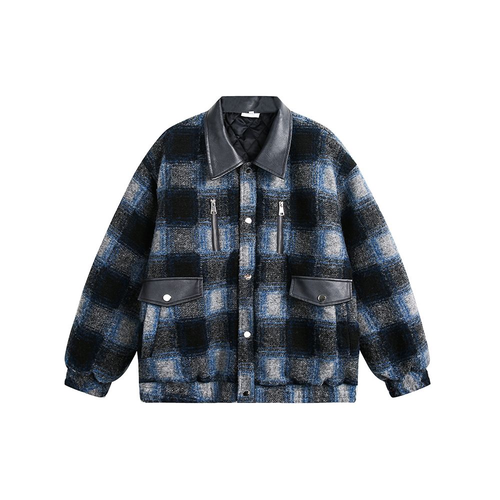 秋冬復古格子拉鏈拼接美式高街夾克情侶休閑翻領上衣/MY138