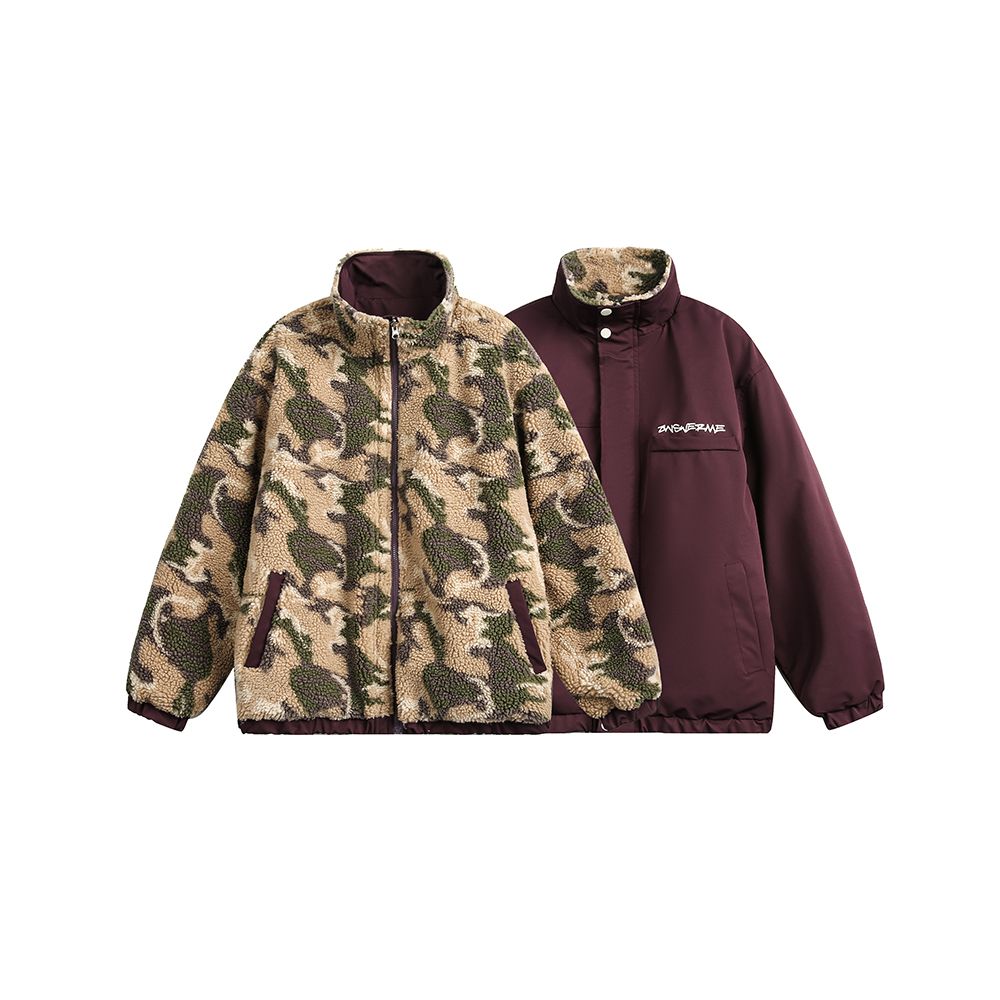 復古迷彩潮牌拼接夾棉外套男女戶外高街情侶連帽棉衣（雙面）/MY147