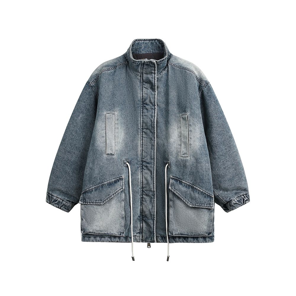 抽繩漸變水洗口袋牛仔夾克男短款寬松立領外套/MY143