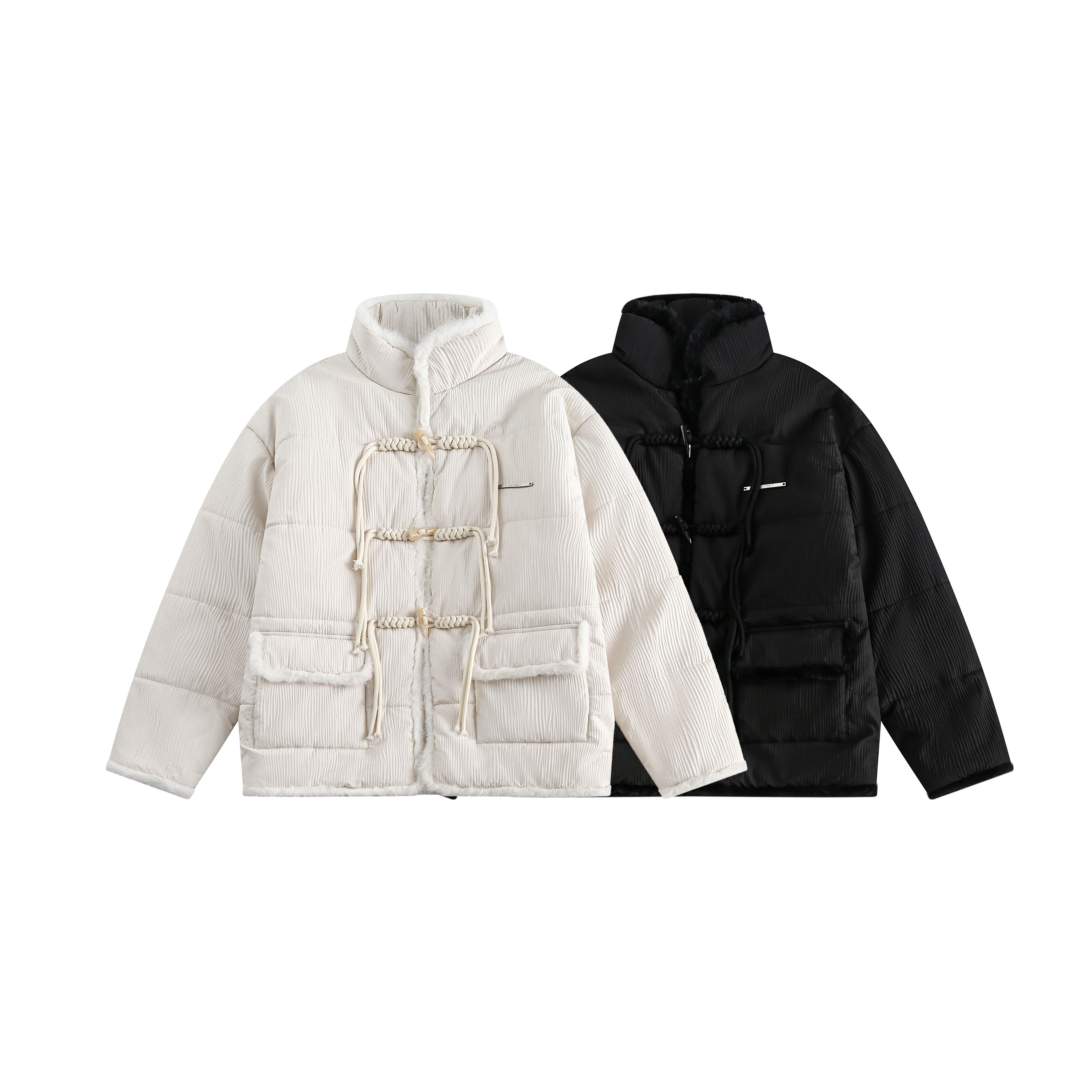 冬季新款牛角扣新中式盤扣拼毛棉服男女情侶棉衣潮牌外套/MF73