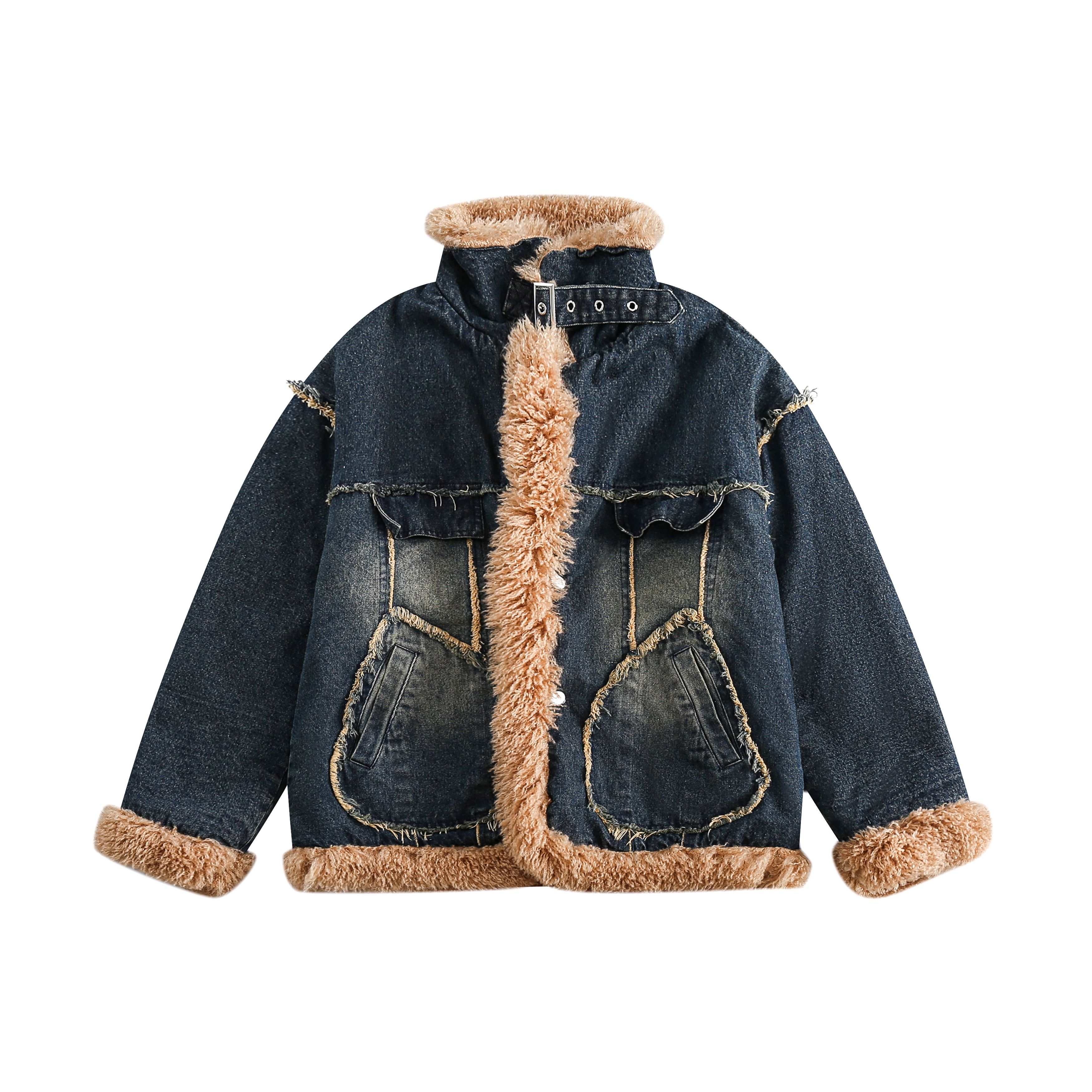 秋冬美式拼接牛仔羊羔毛加絨棉衣情侶寬松保暖外套/MF75