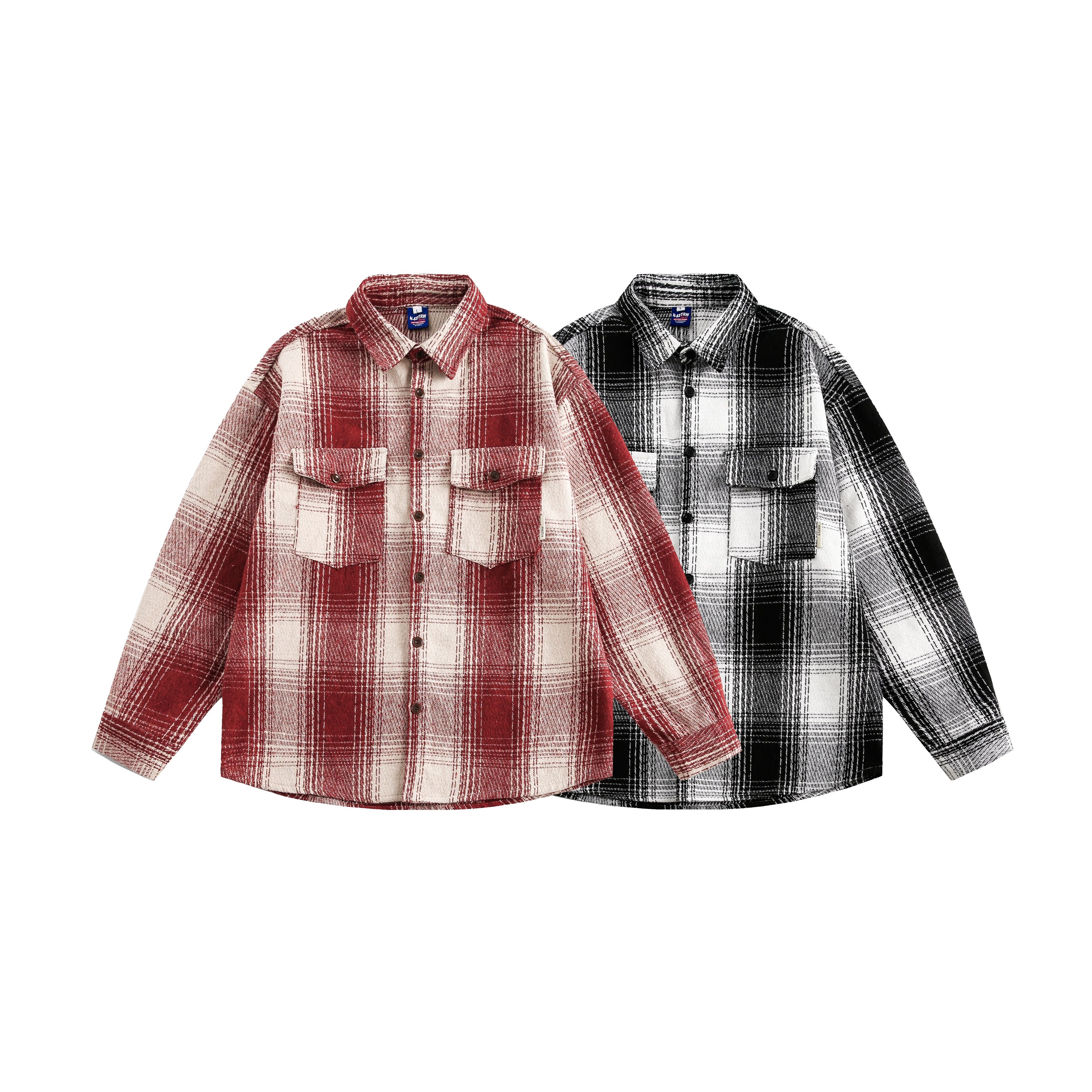 美式潮牌磨毛撞色格子襯衫男春季高級感寬松長袖襯衫外套/CS151