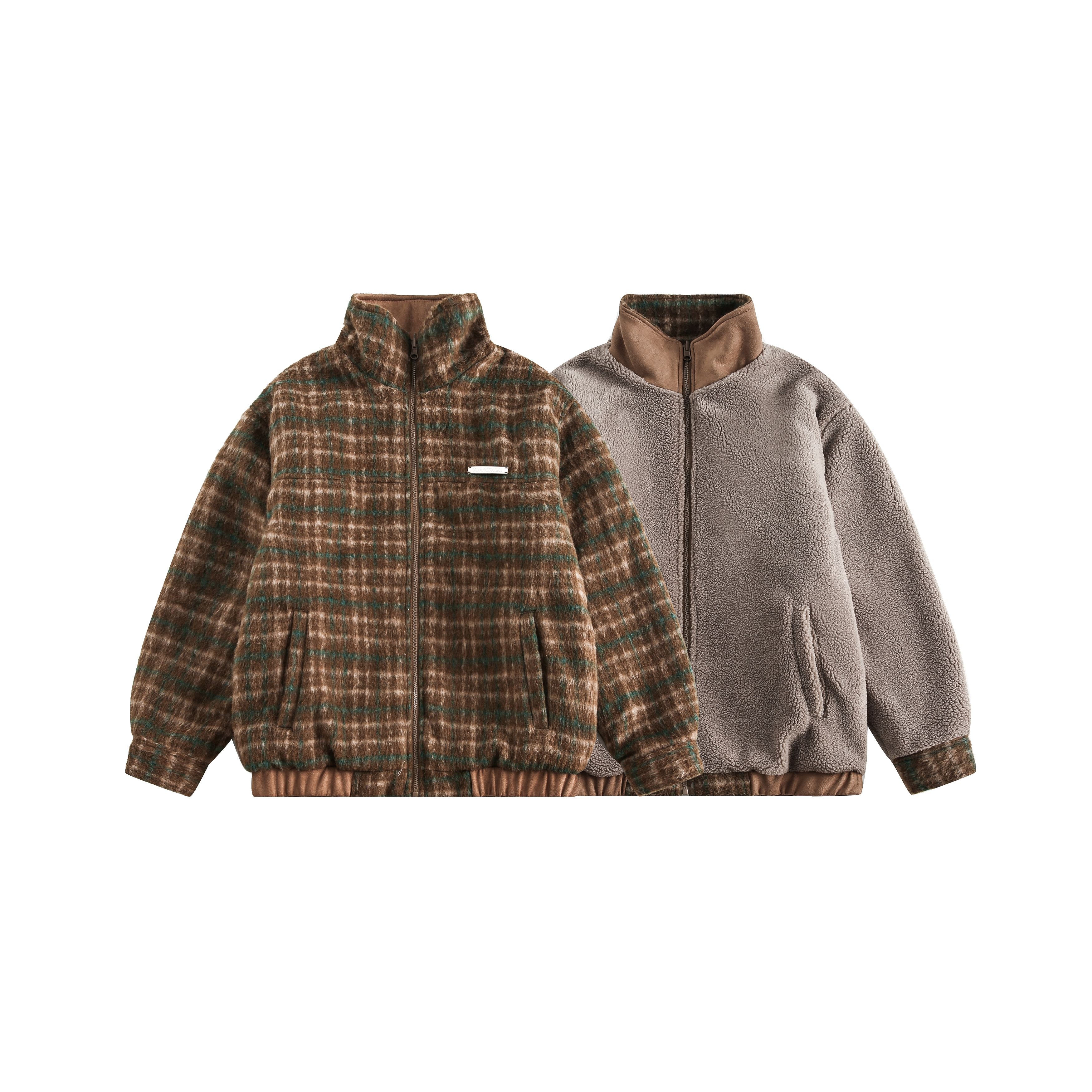 美式復古格子棉衣外套雙穿秋冬拼接羊羔毛保暖寬松拉鏈上衣/MF98