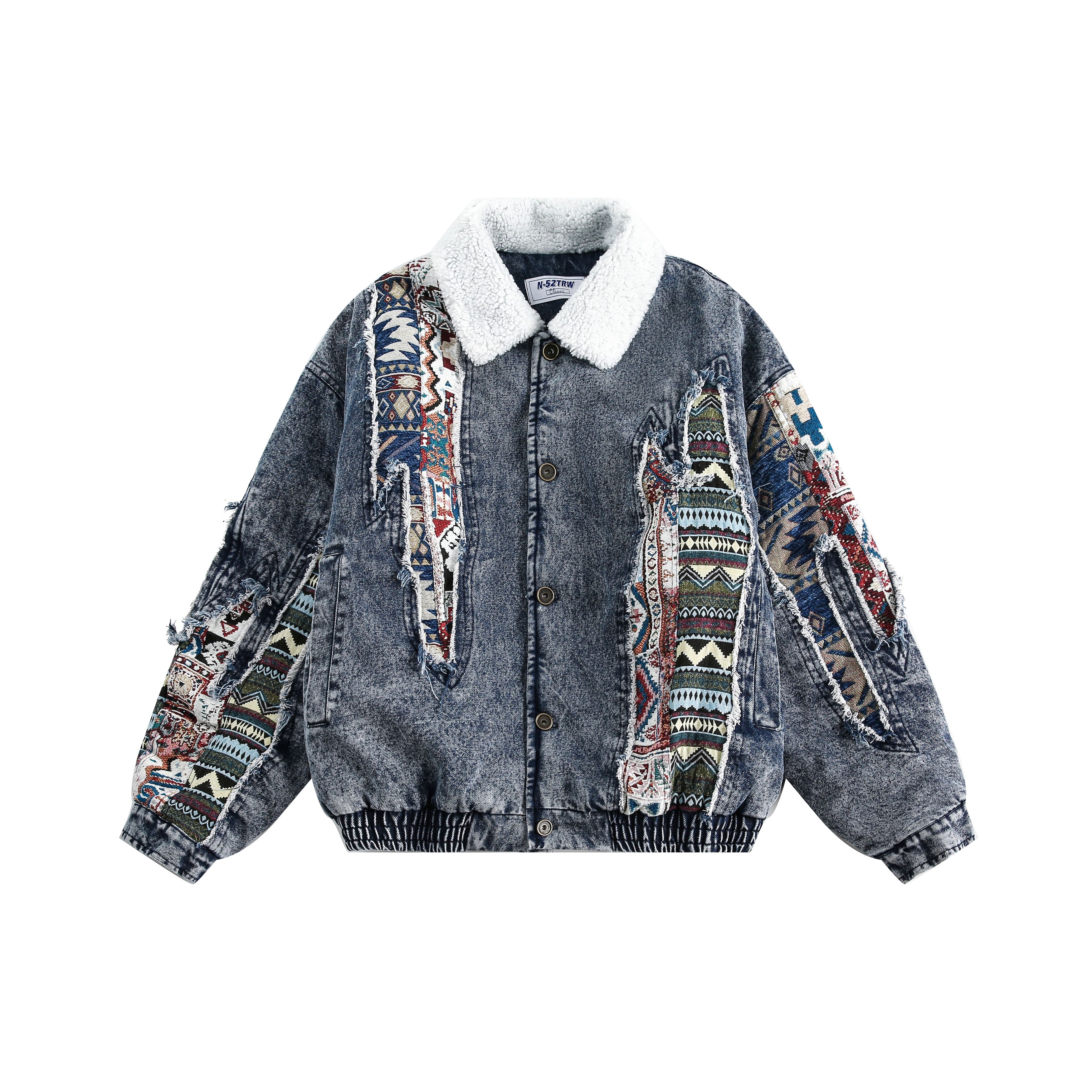 冬季復古做舊羊羔毛領牛仔棉衣男女寬松潮流民族風拼接情侶夾棉服/MF110