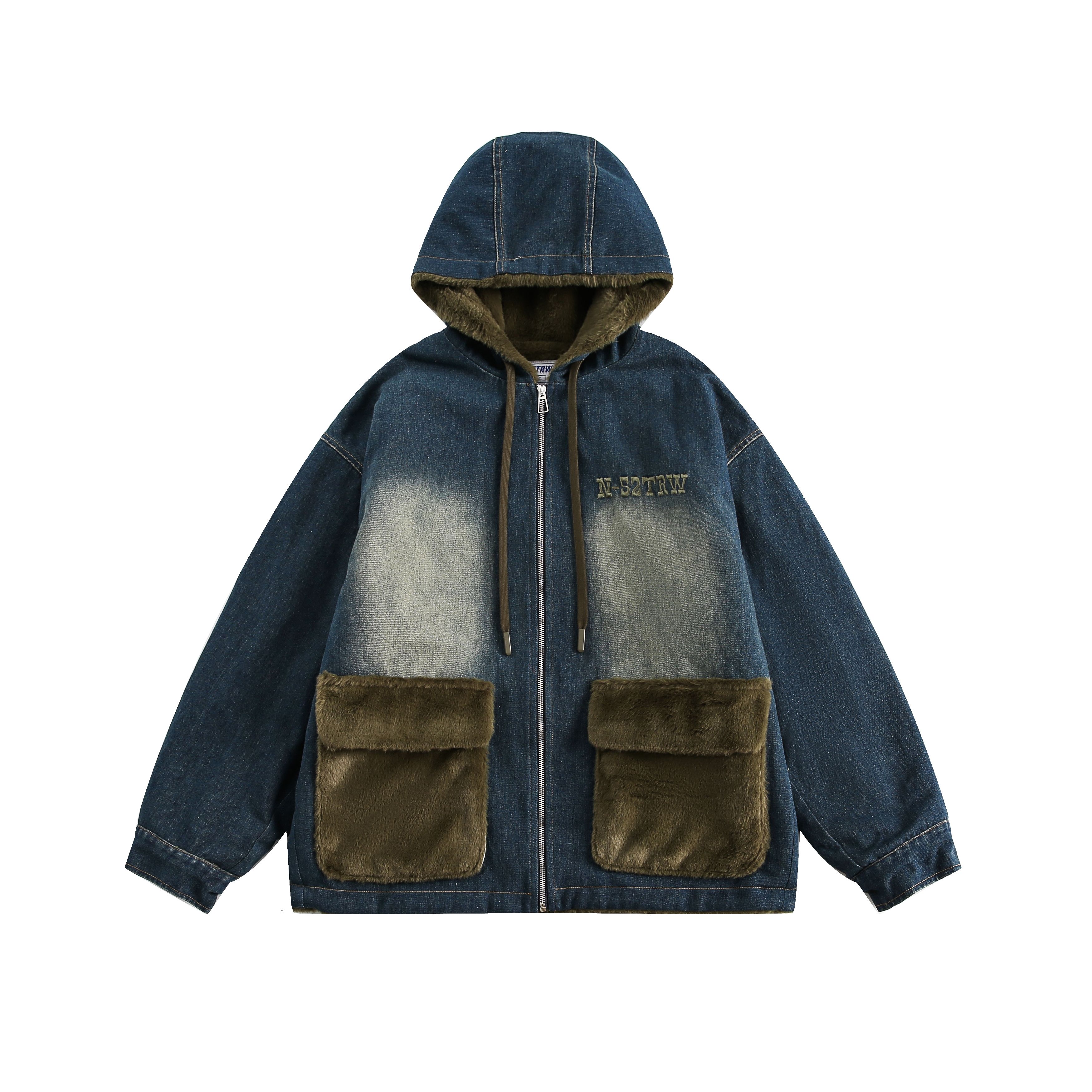 冬季做舊復古水洗牛仔重工藝連帽情侶羊羔毛棉衣加厚保暖棉服/MF111