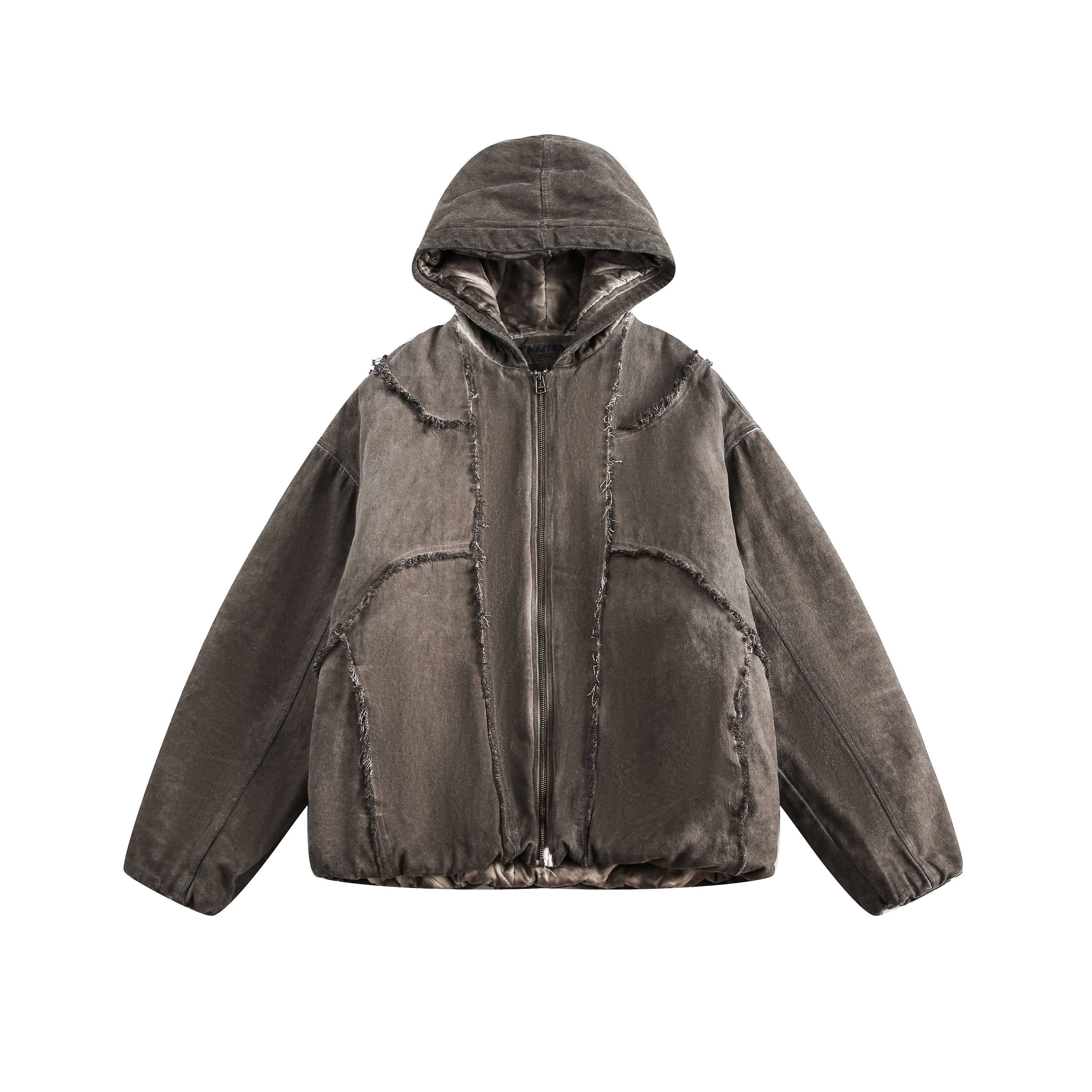 2024冬重工水洗毛邊牛仔棉衣男女連帽潮牌落肩闊版外套/MF112