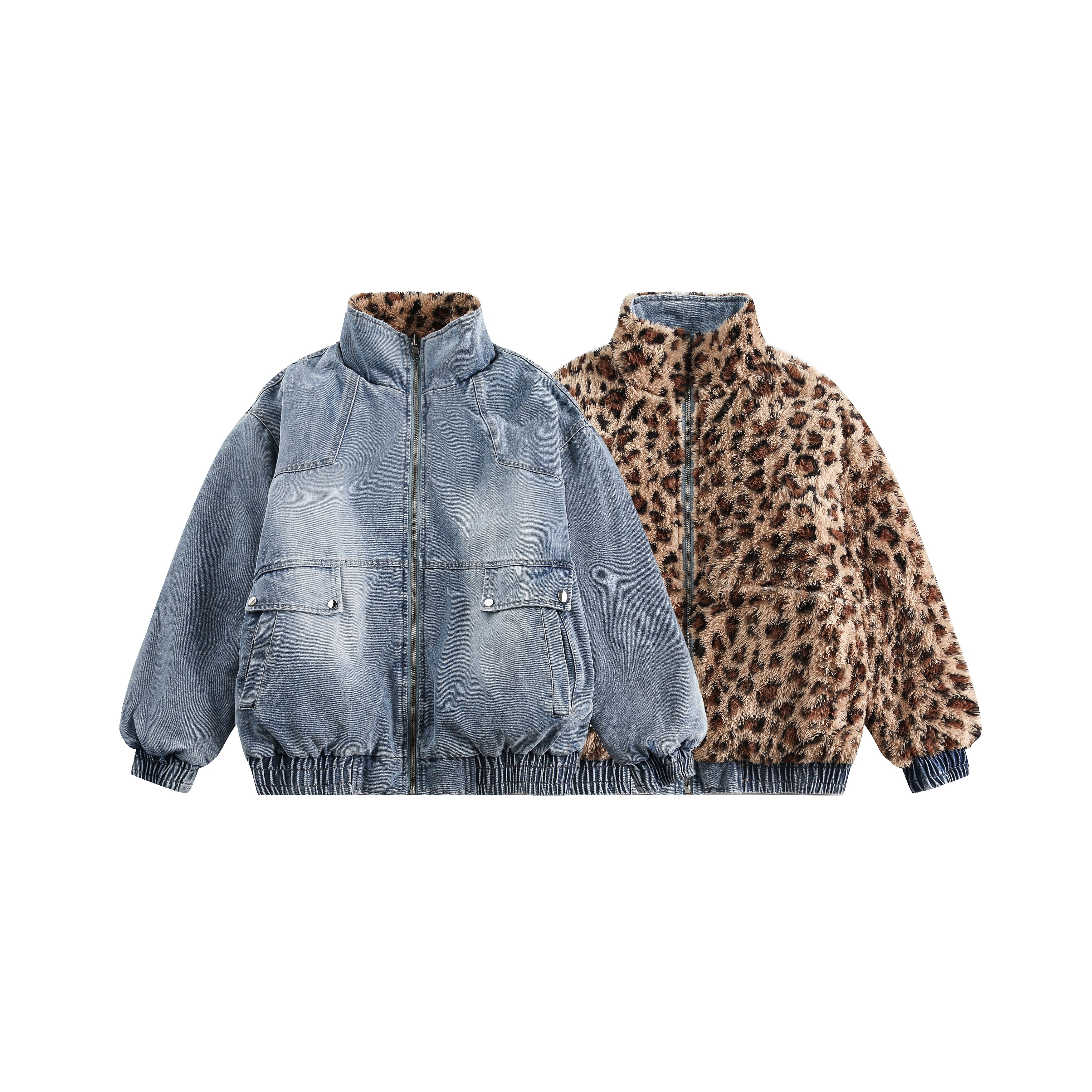 雙面豹紋美式復古做舊水洗夾克男春季高街寬松牛仔外套/MF113