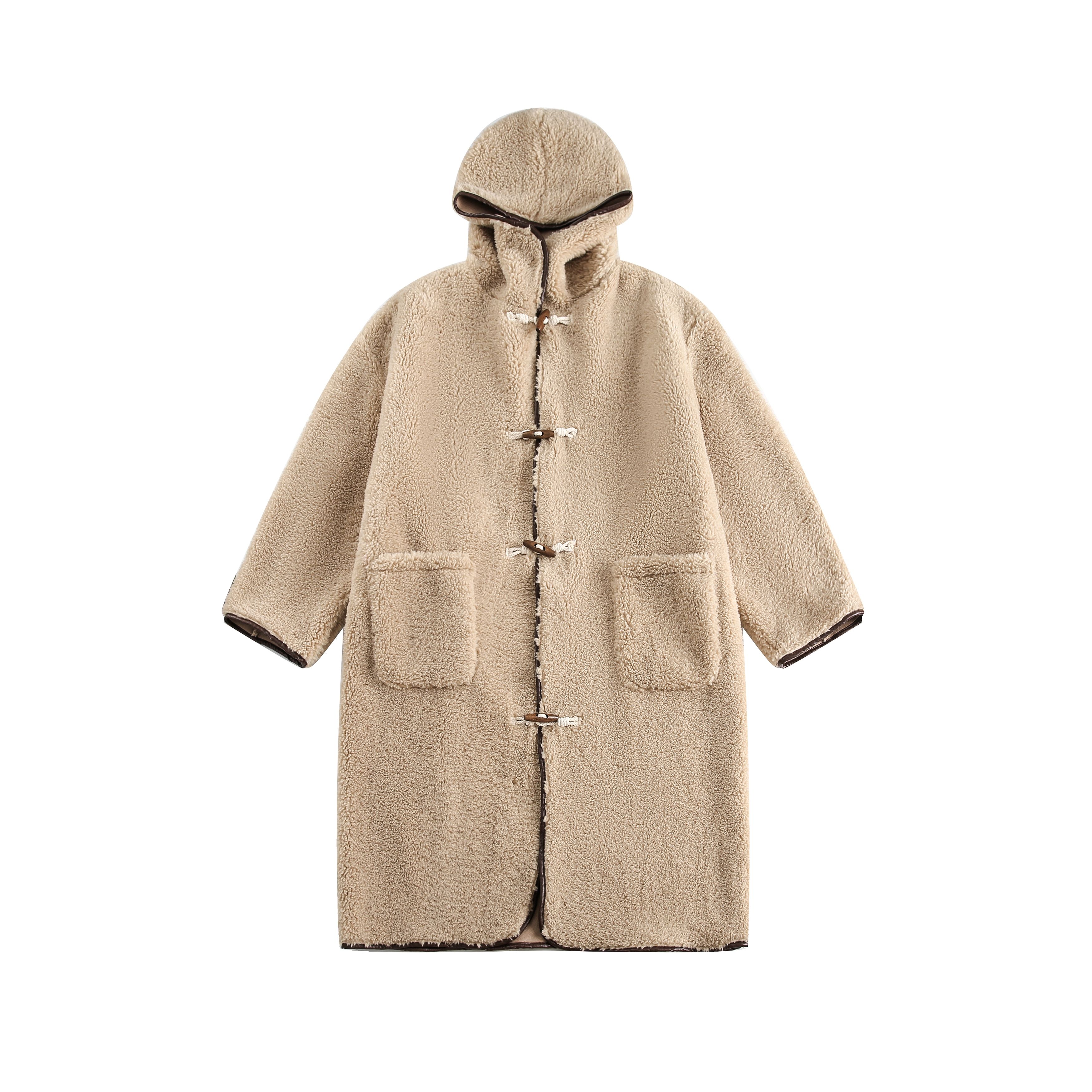 寬松長款泰迪羊羔毛牛角扣大衣外套/MF115