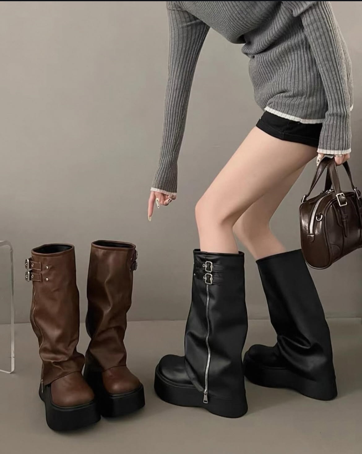 厚底不過膝側拉鍊小個子必備款甜酷風靴子 SH-001