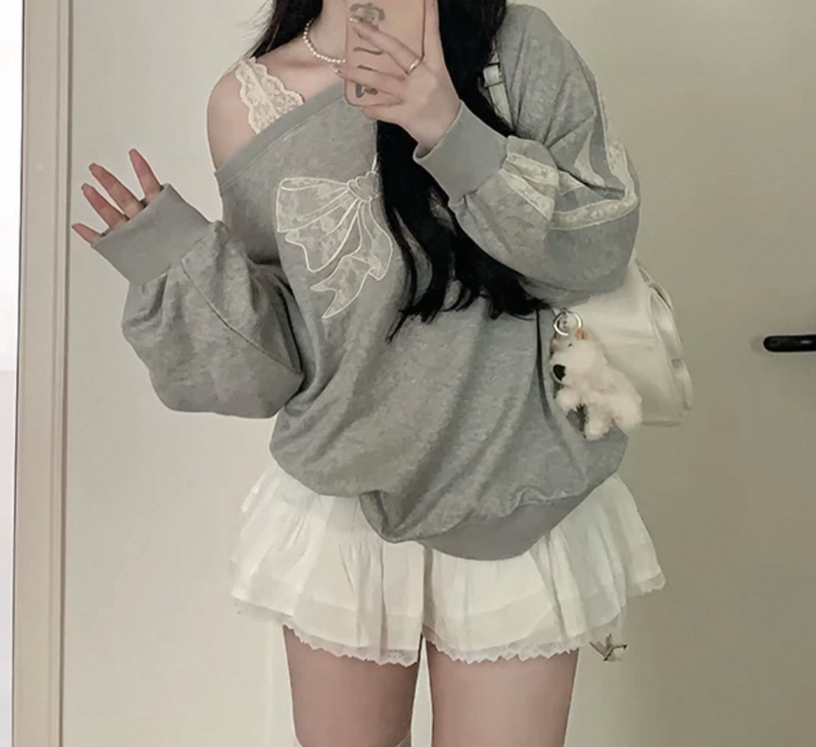 蝴蝶結灰色斜肩秋春上衣