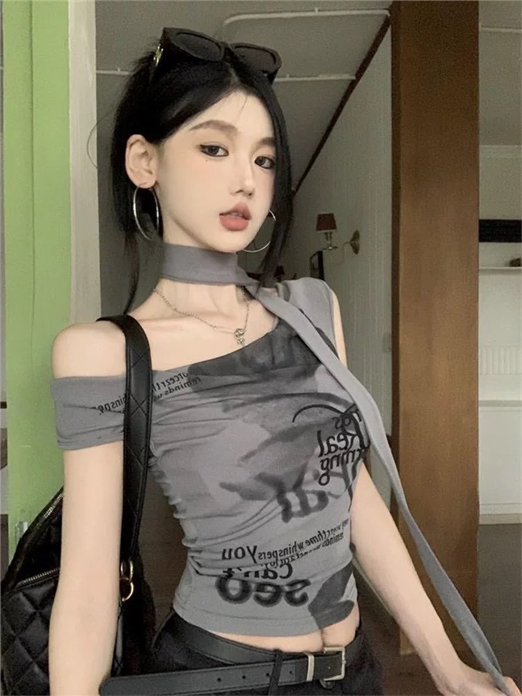 《印花抽皺綁帶式上衣》W-TS13