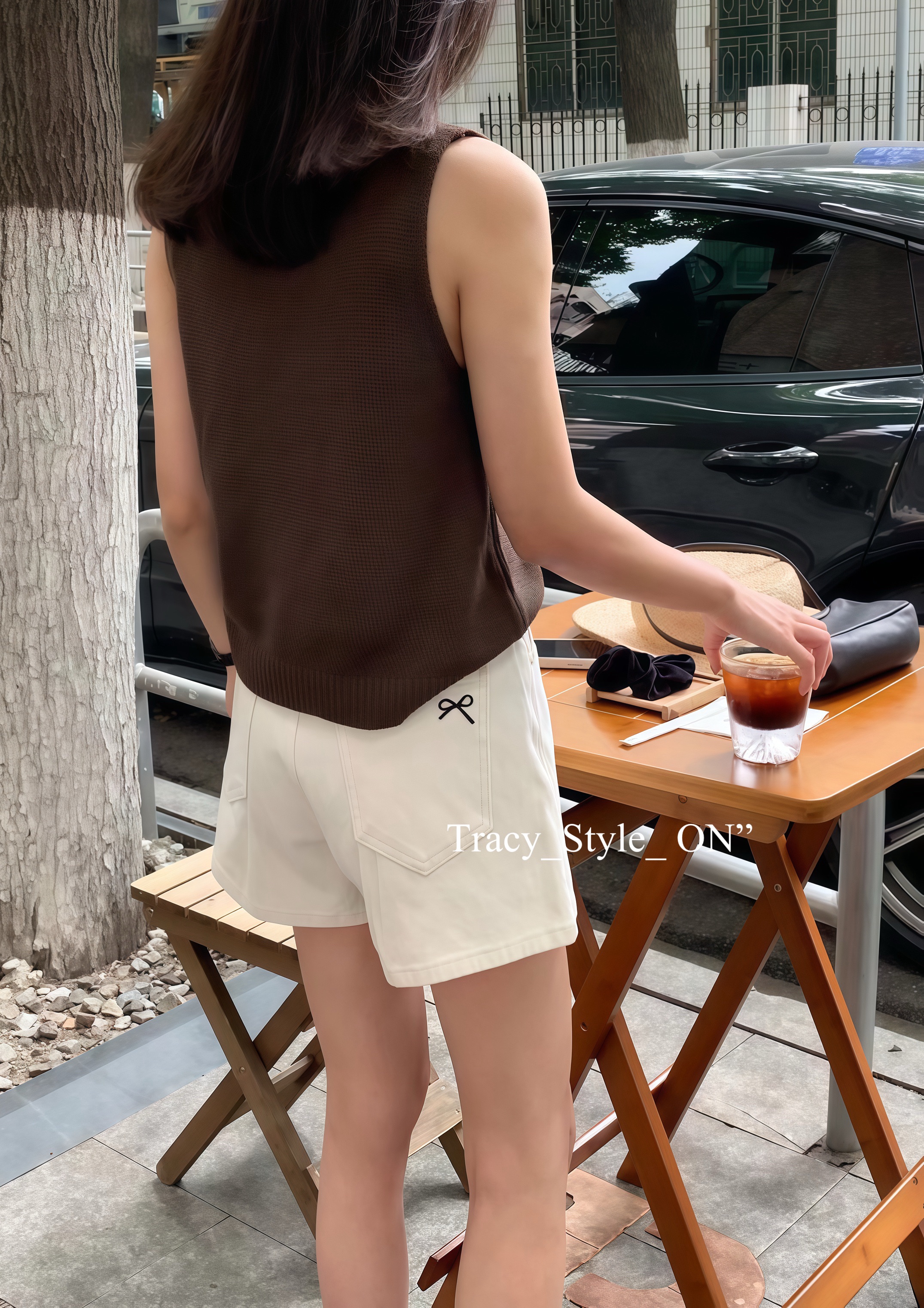 7616超彈奶白牛仔短褲 蝴蝶結刺繡 🎀